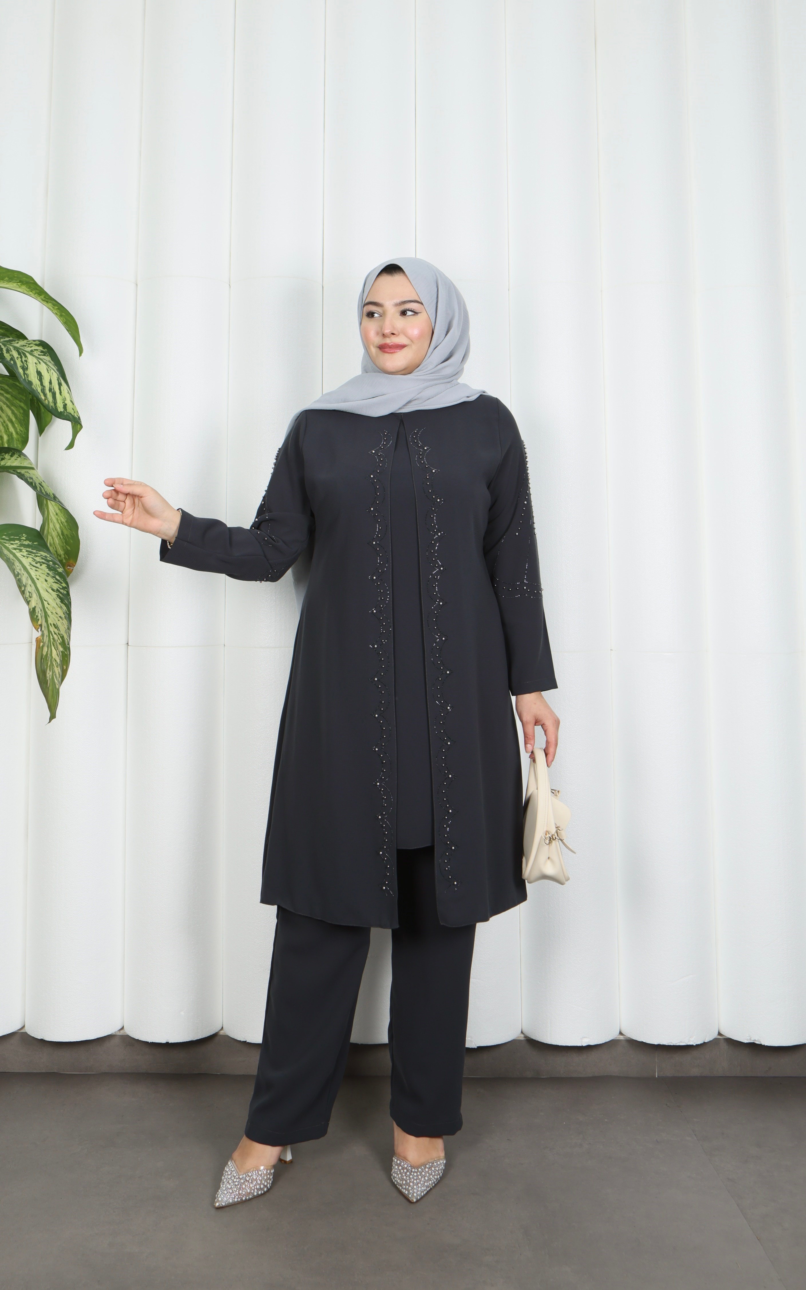 Kolları Taşlı Büyük Beden İkili Takım  Anne Takımı  Gri   HNT7097