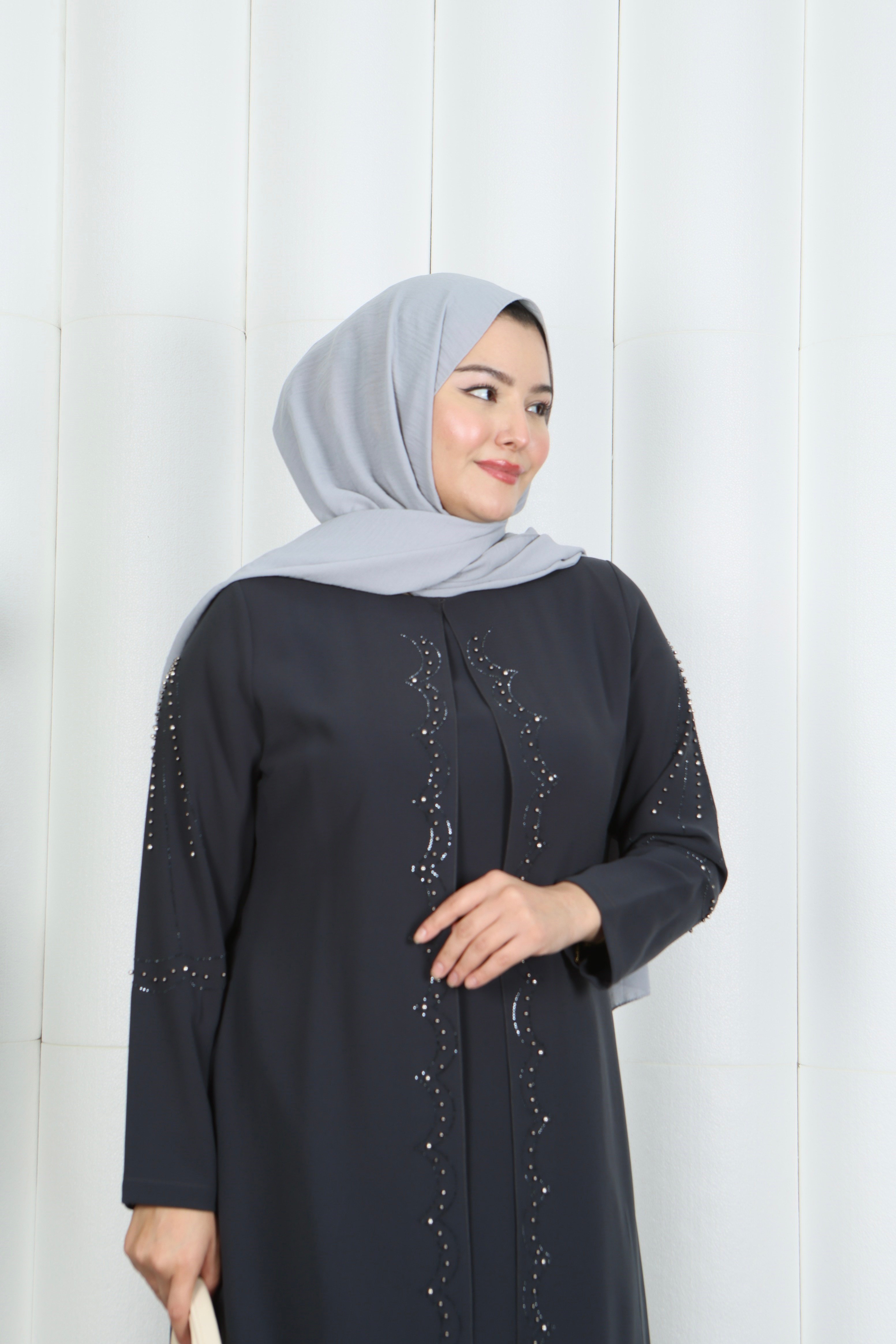 Kolları Taşlı Büyük Beden İkili Takım  Anne Takımı  Gri   HNT7097