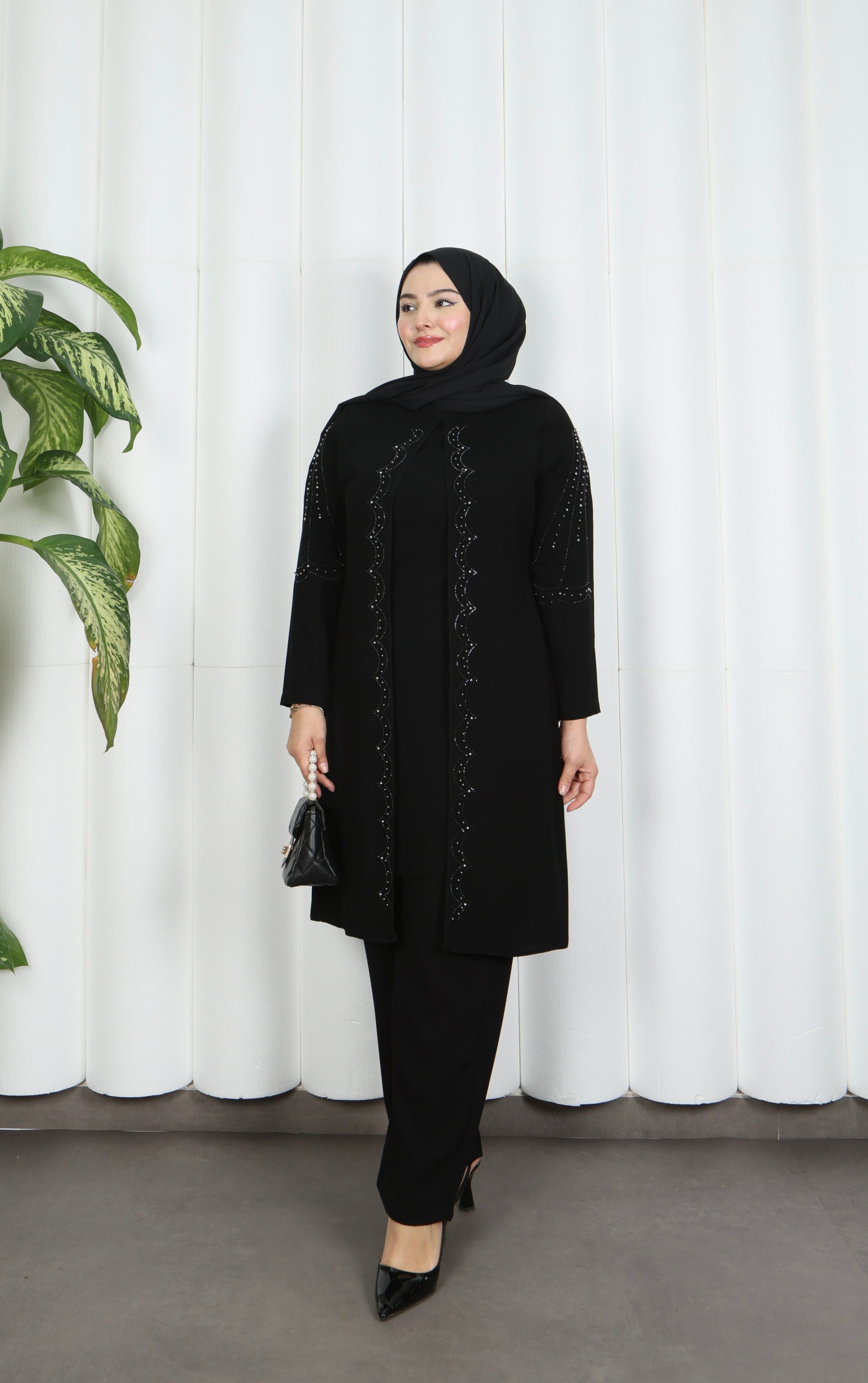 Kolları Taşlı Büyük Beden İkili Takım  Anne Takımı Siyah  HNT7097