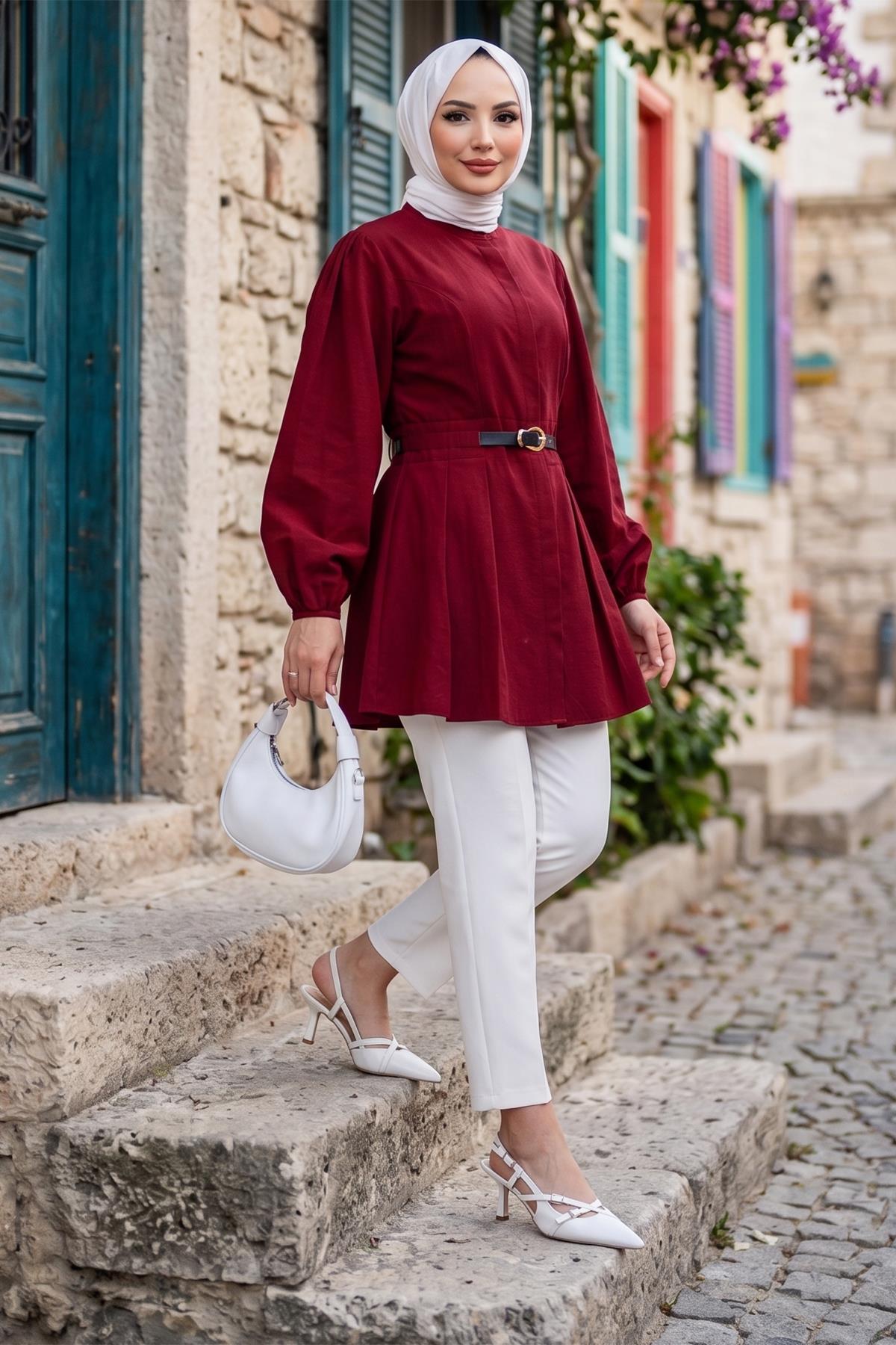 Kolu Bağlamalı Kemerli Tunik Bordo HM2920