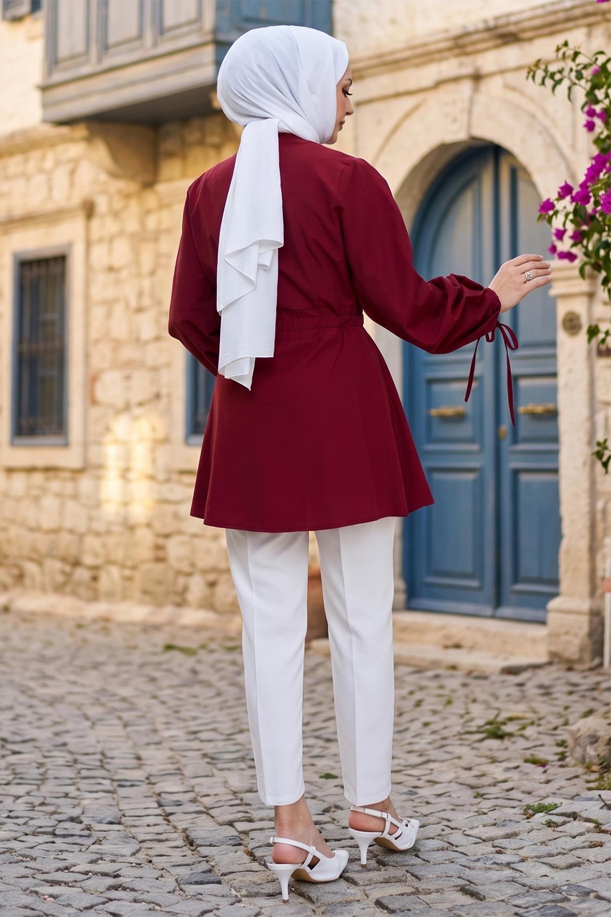 Kolu Bağlamalı Kemerli Tunik Bordo HM2920