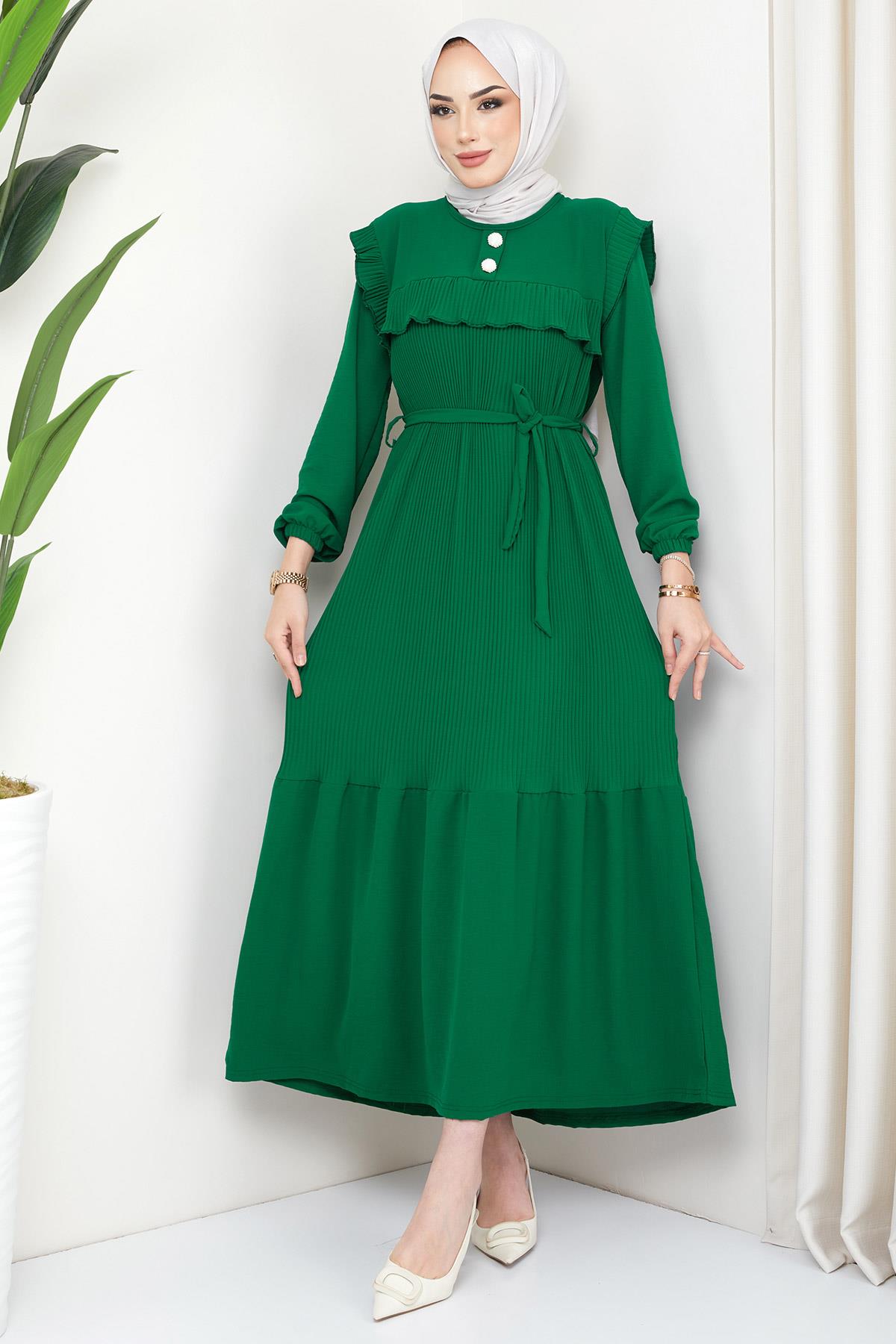 Kolu Fırfırlı Piliseli Aerobin Elbise Zümrüt Yeşili
