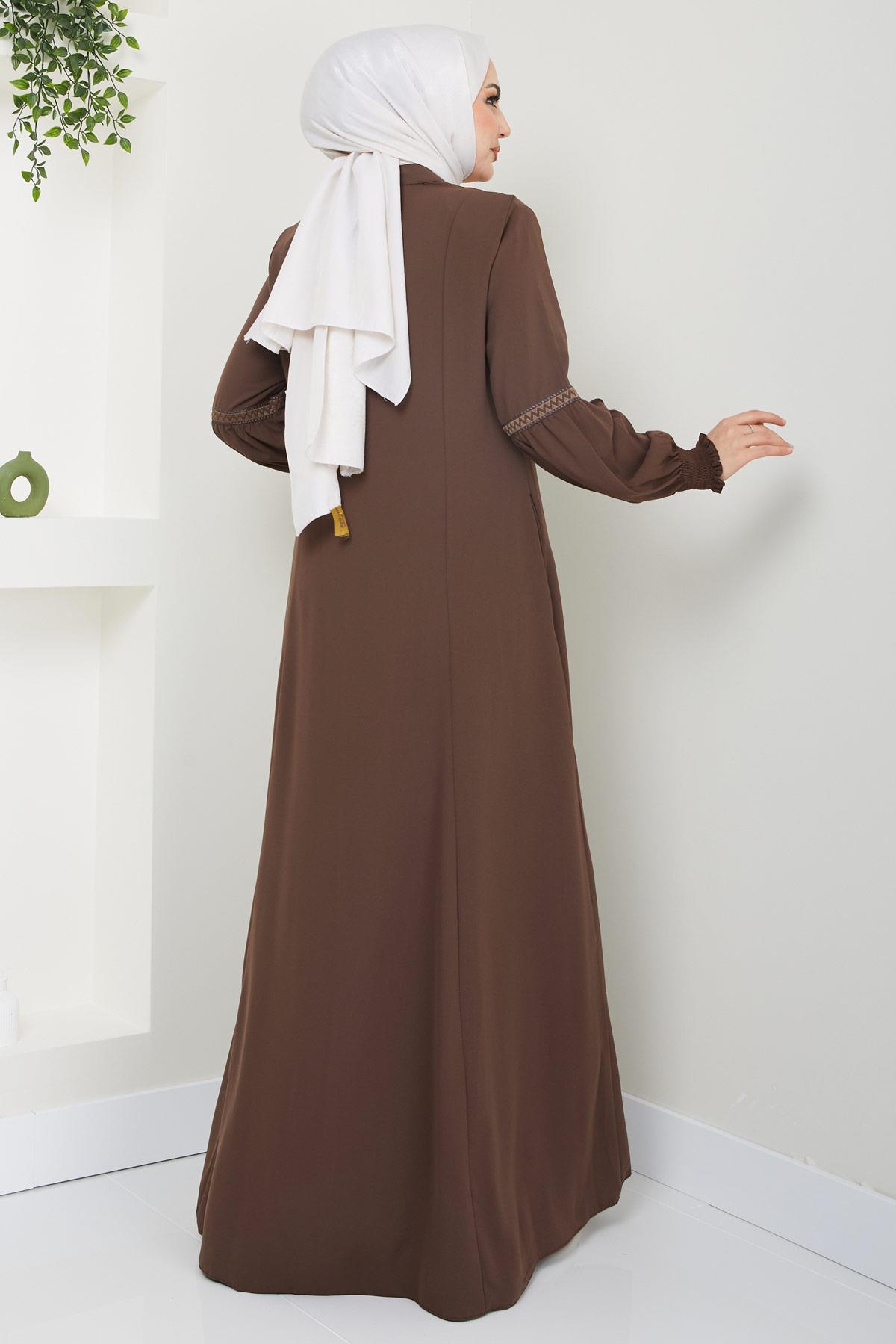 Kolu Nakışlı Ferace Kahverengi HM2412