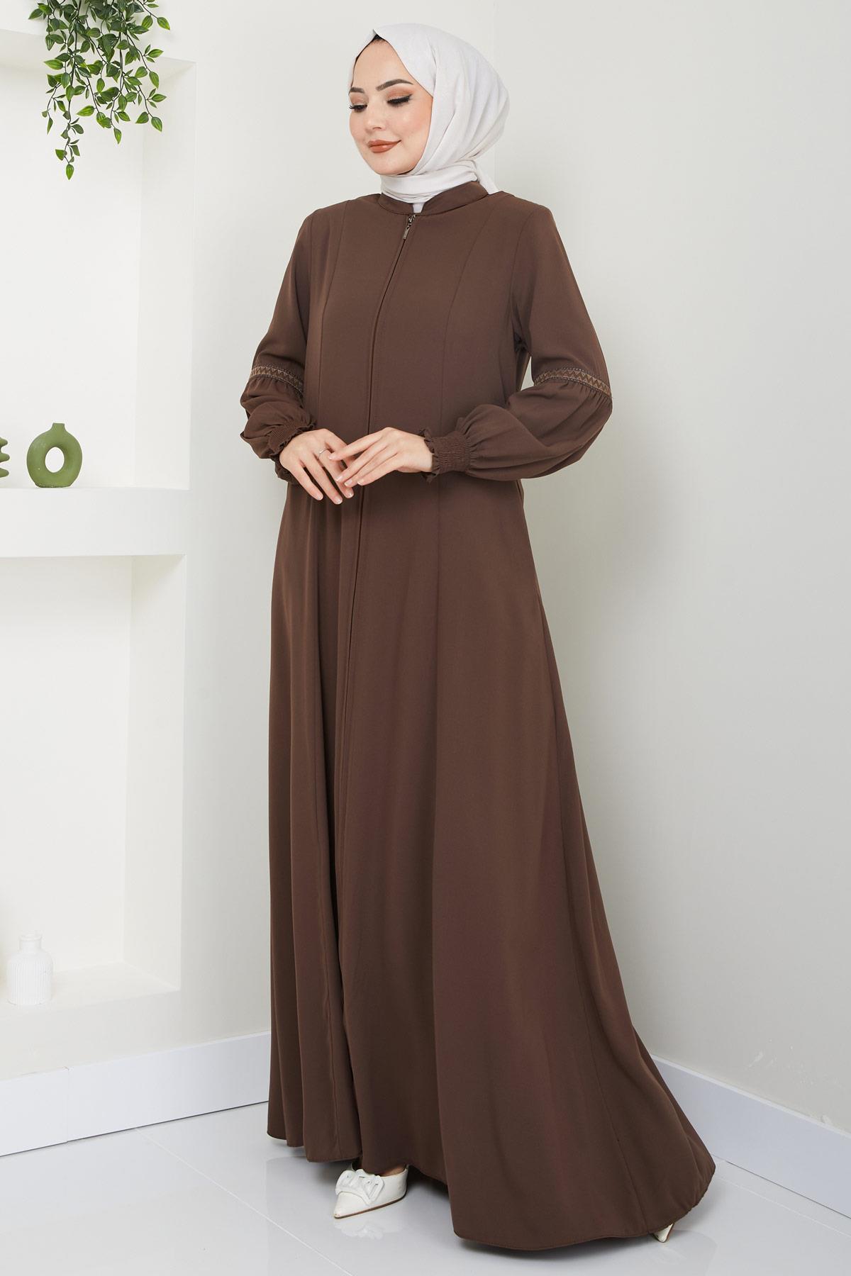 Kolu Nakışlı Ferace Kahverengi HM2412