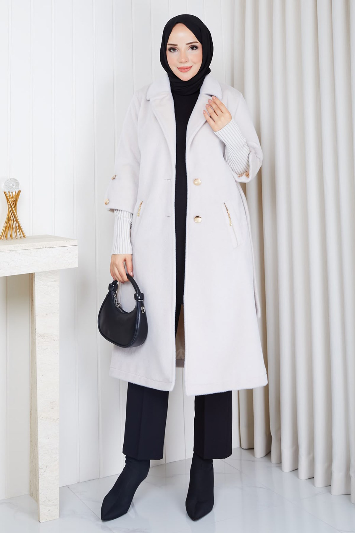Kolu Ribanalı Kuşaklı Angora Kaban Krem HM2965