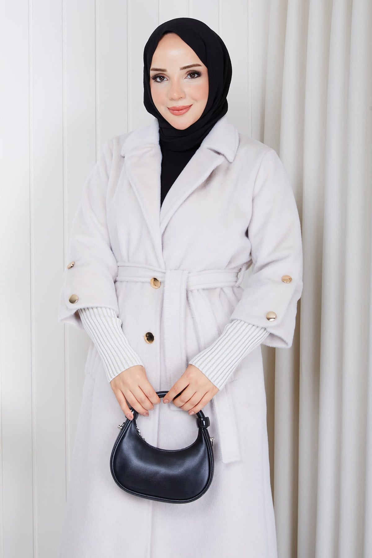 Kolu Ribanalı Kuşaklı Angora Kaban Krem HM2965