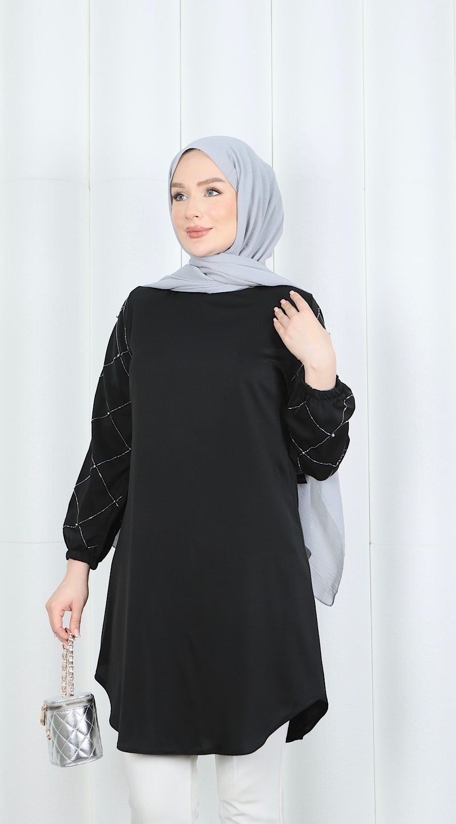 Kolu Taş Detaylı  Tunik Siyah HNT7518