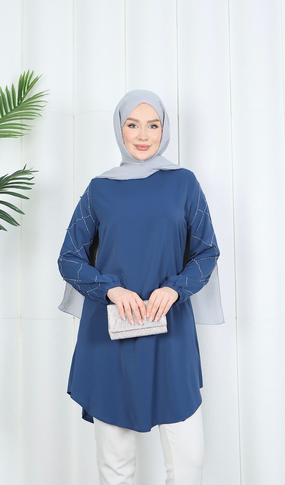 Kolu Taş Detaylı Tunik İndigo  HNT7518