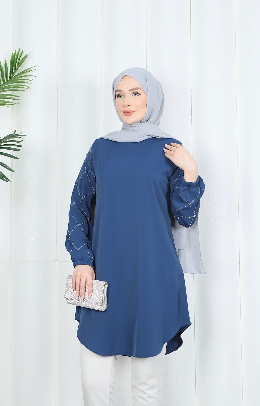 Kolu Taş Detaylı Tunik İndigo  HNT7518