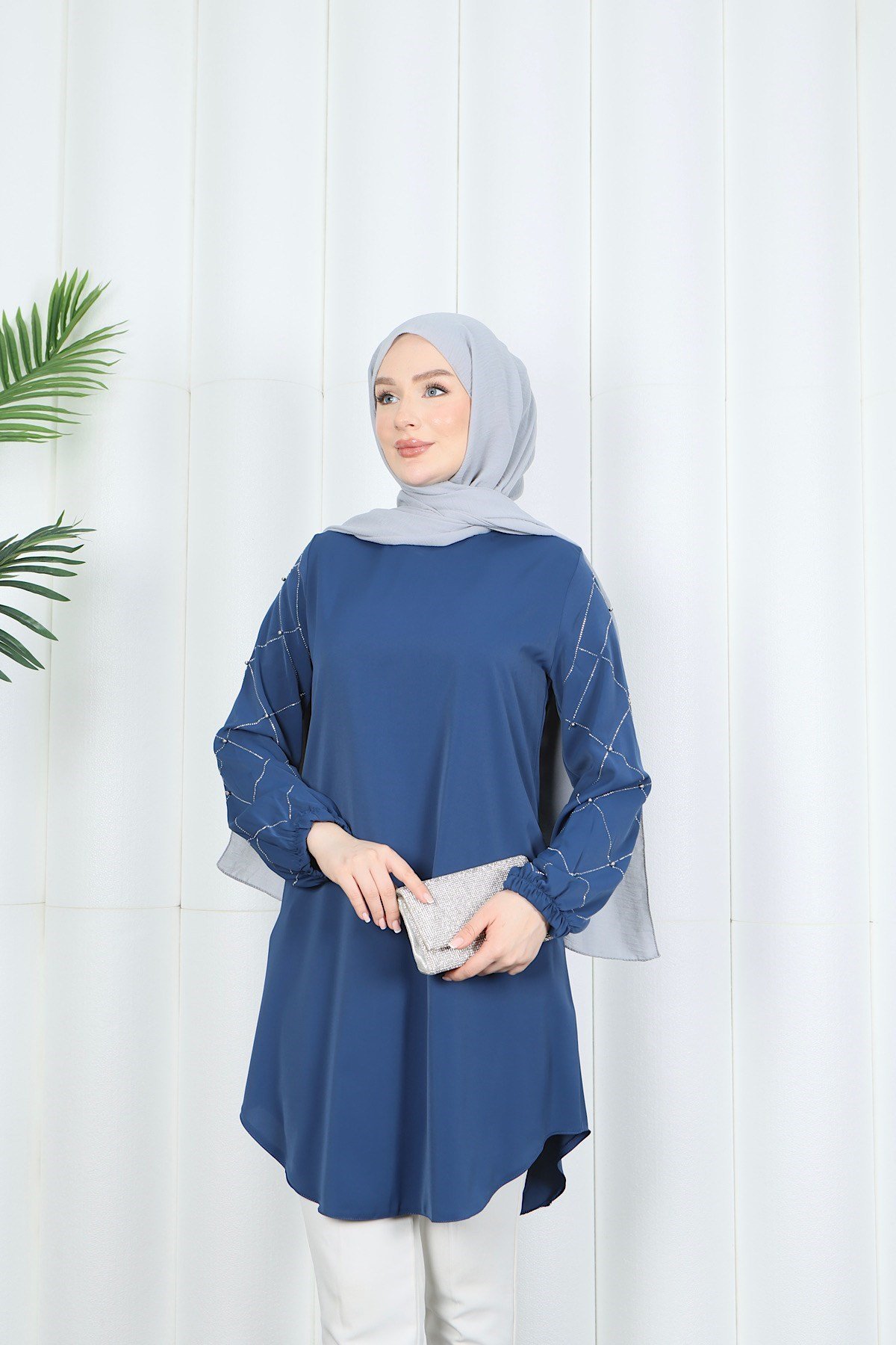 Kolu Taş Detaylı Tunik İndigo  HNT7518
