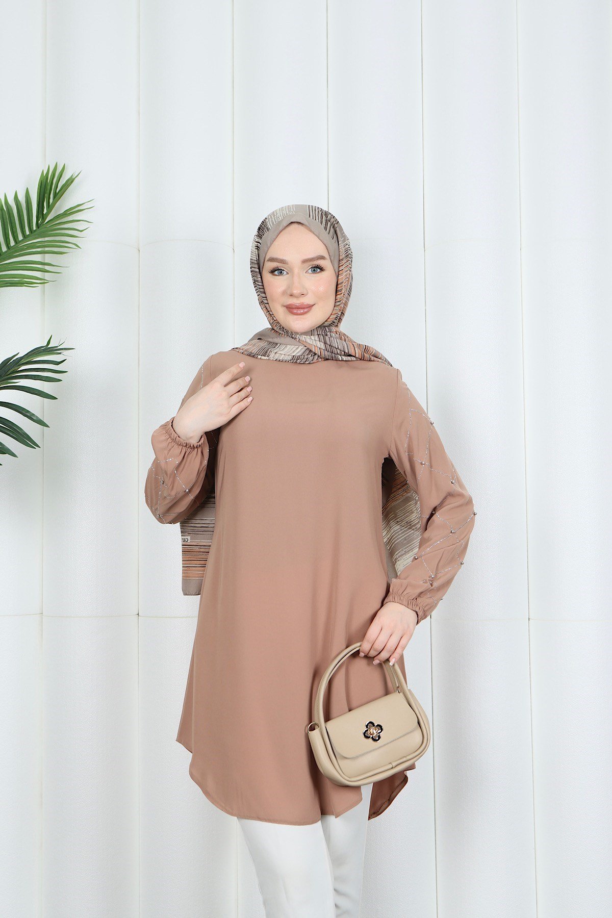 Kolu Taş Detaylı Tunik Taba  HNT7518