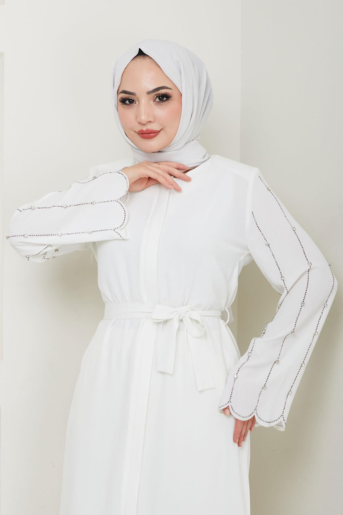 Kolu Taşlı Gizli Patlı Ferace Beyaz 