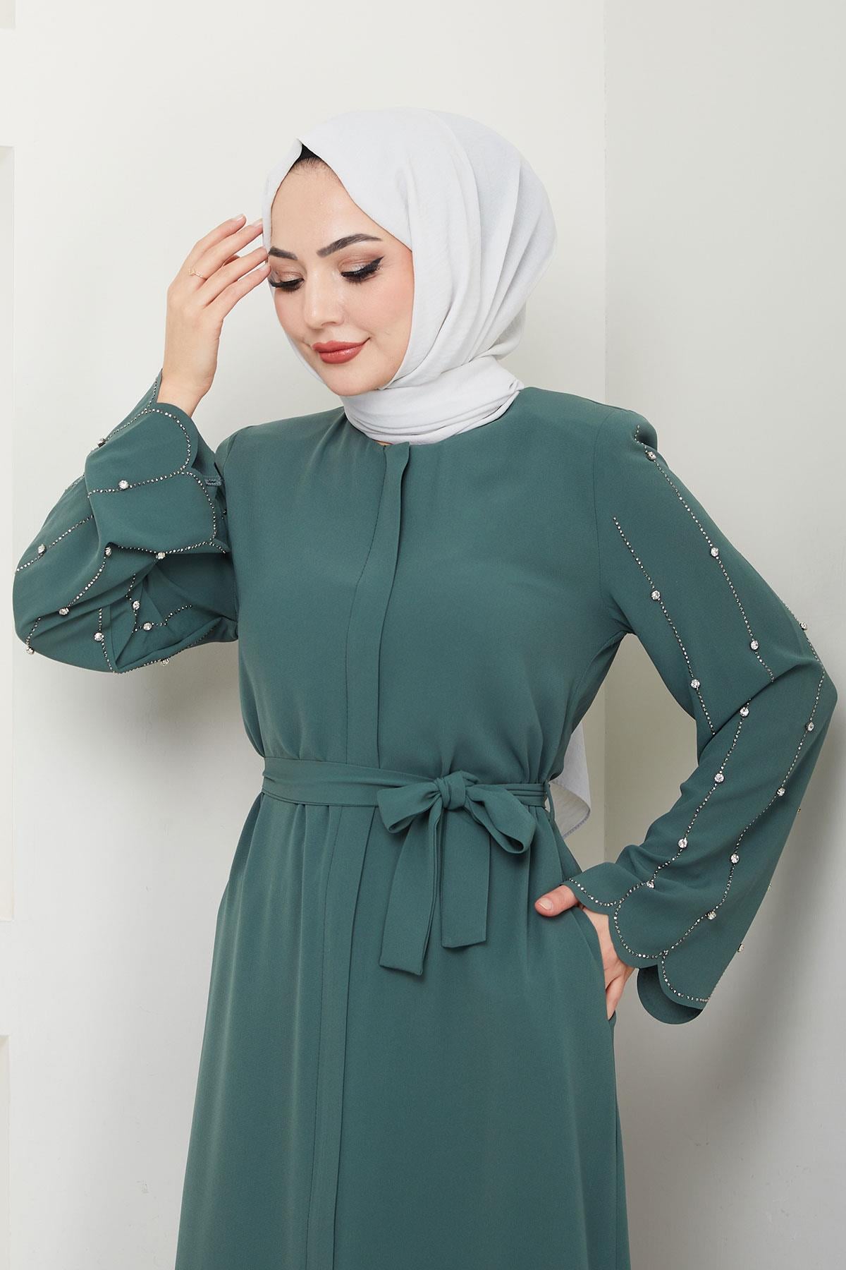 Kolu Taşlı Gizli Patlı Ferace Yeşil HM2152