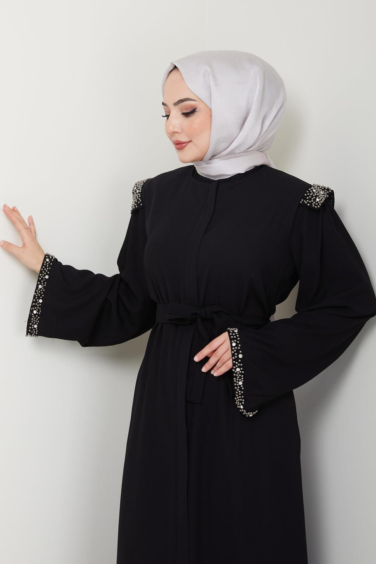 Kolu ve Omzu İncili Ferace Siyah HM2425