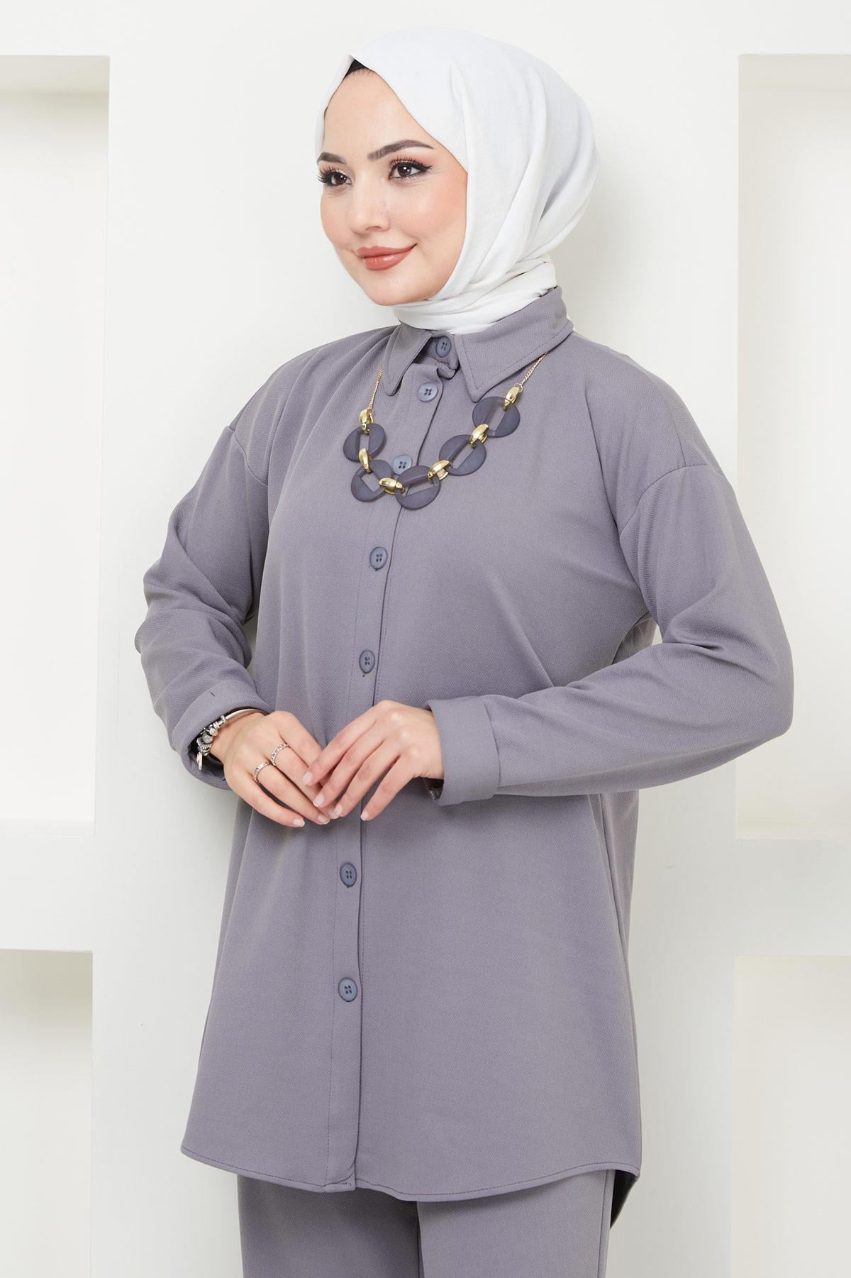 Kolyeli Krep İkili Takım Gri HM2374