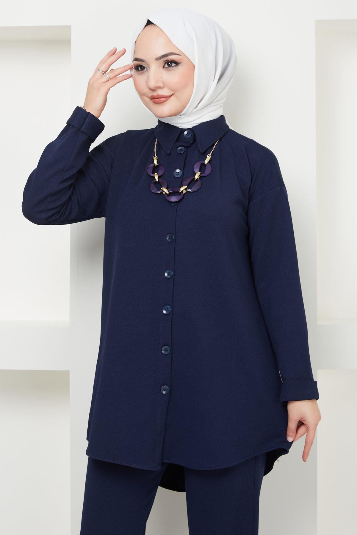 Kolyeli Krep İkili Takım Lacivert HM2374