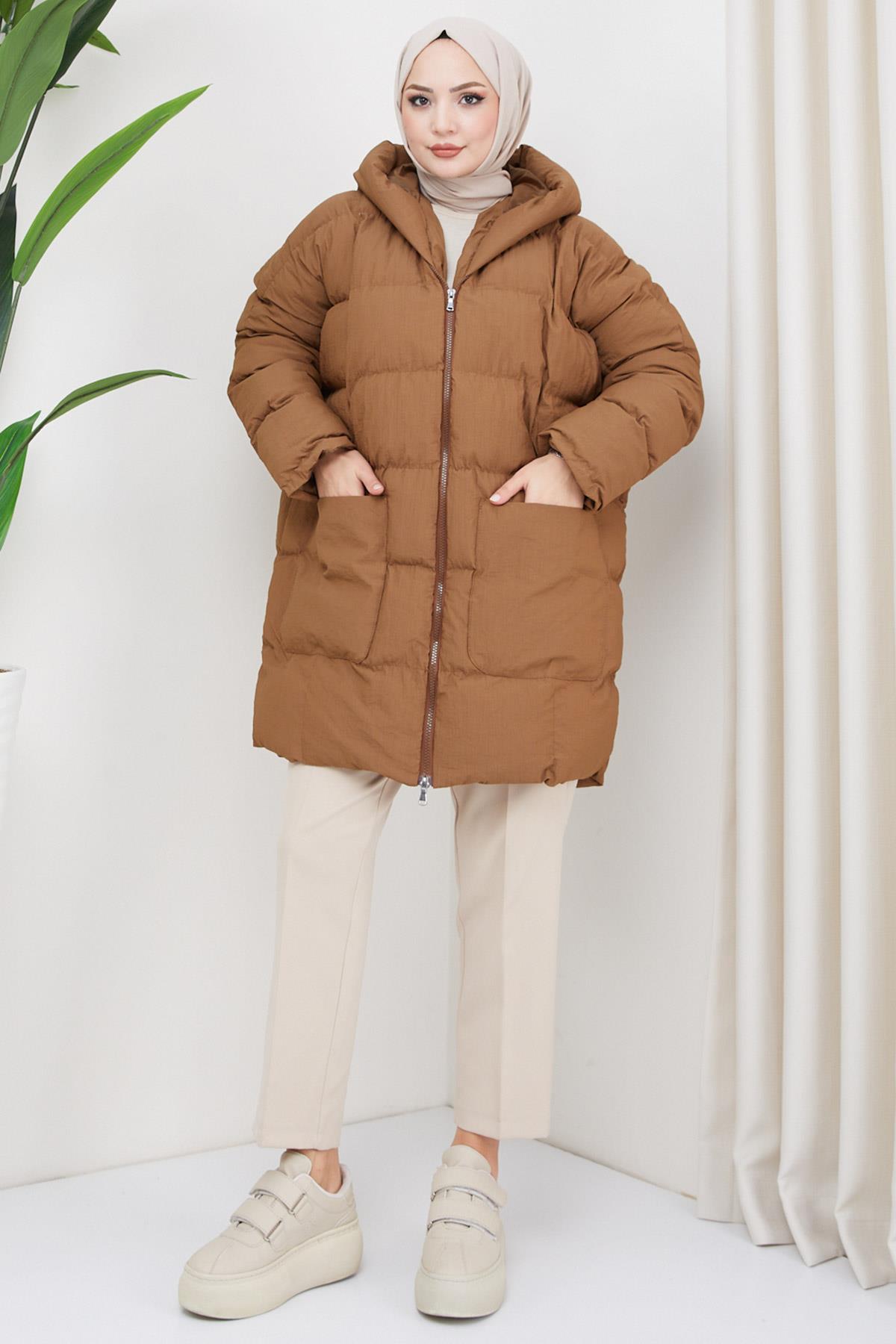 Kraşlı Oversize Dolgulu Mont Kahverengi HM2316