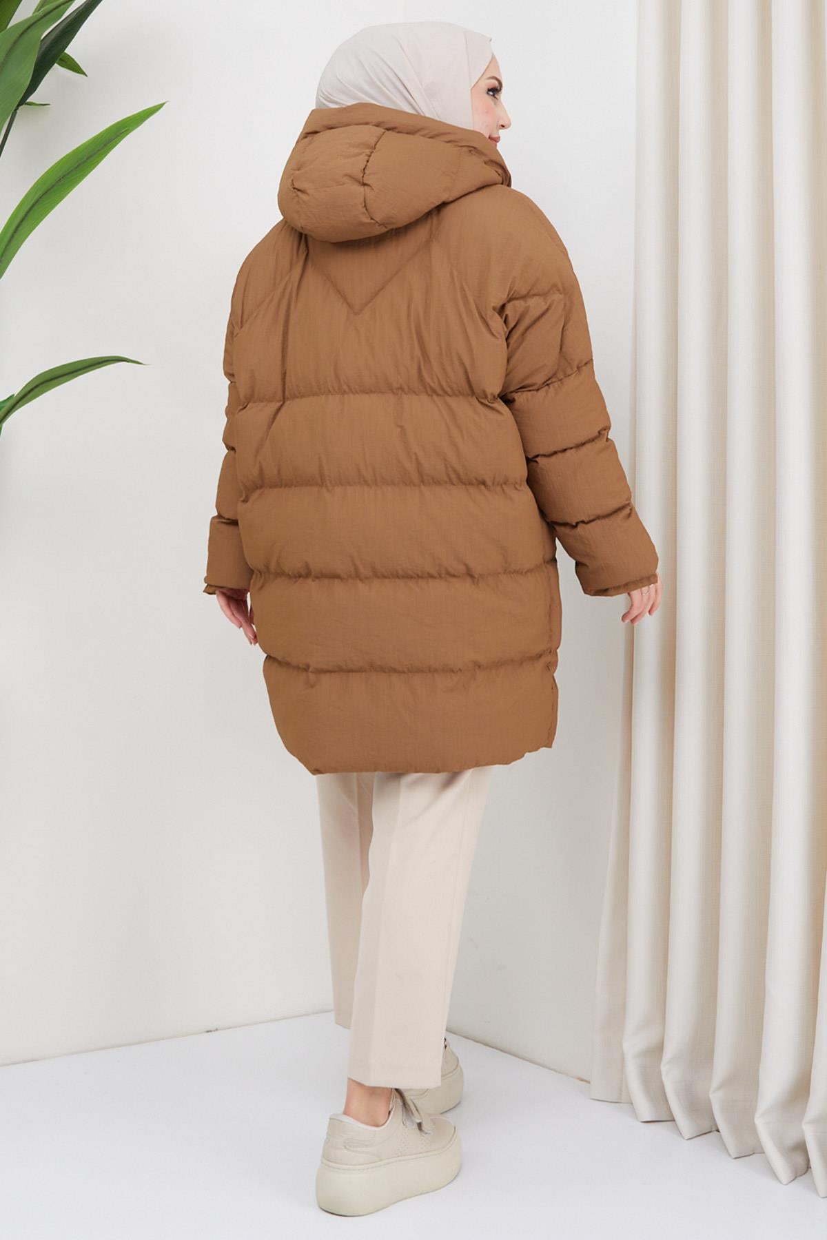 Kraşlı Oversize Dolgulu Mont Kahverengi HM2316
