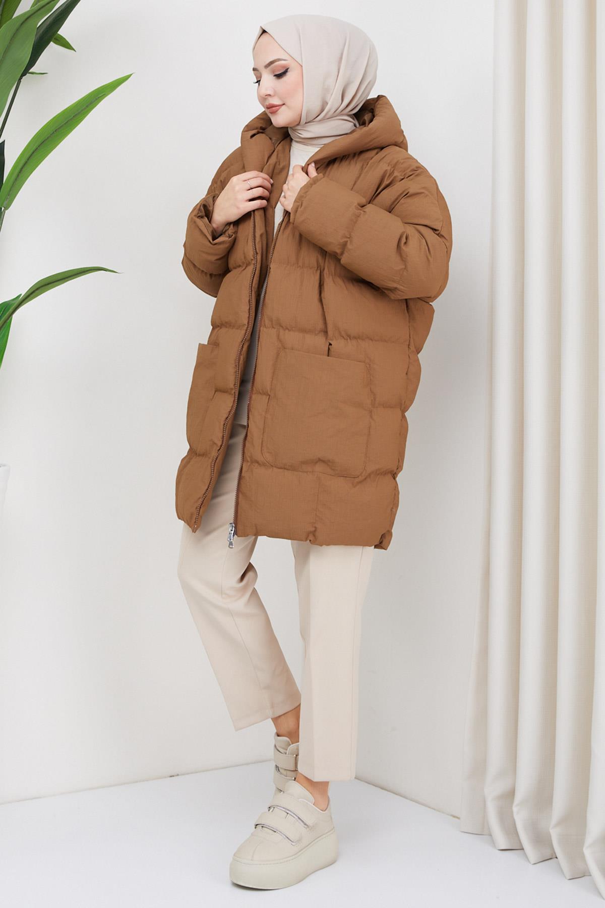 Kraşlı Oversize Dolgulu Mont Kahverengi HM2316