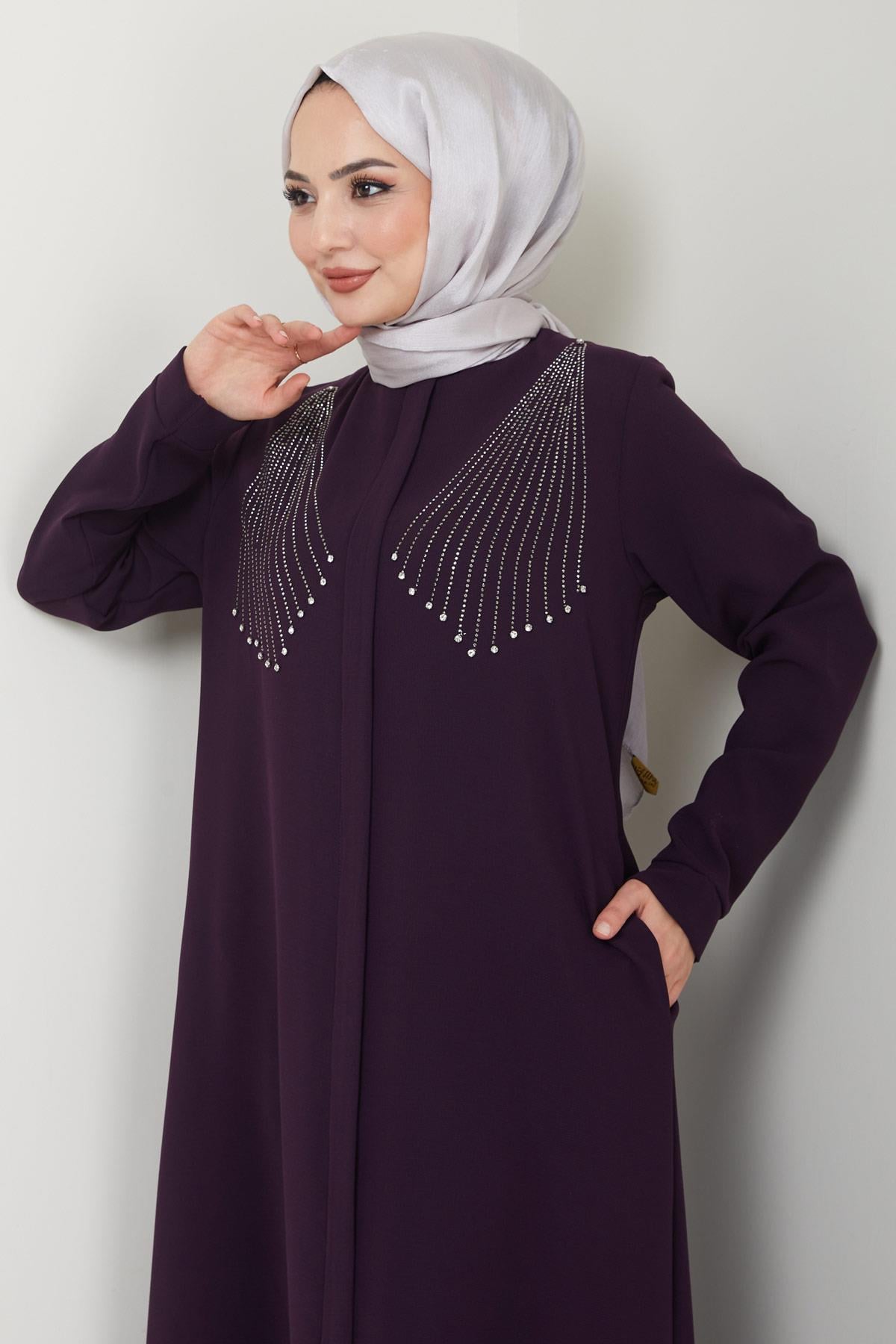 Kristal Taş İşlemeli Ferace Mürdüm HM2423