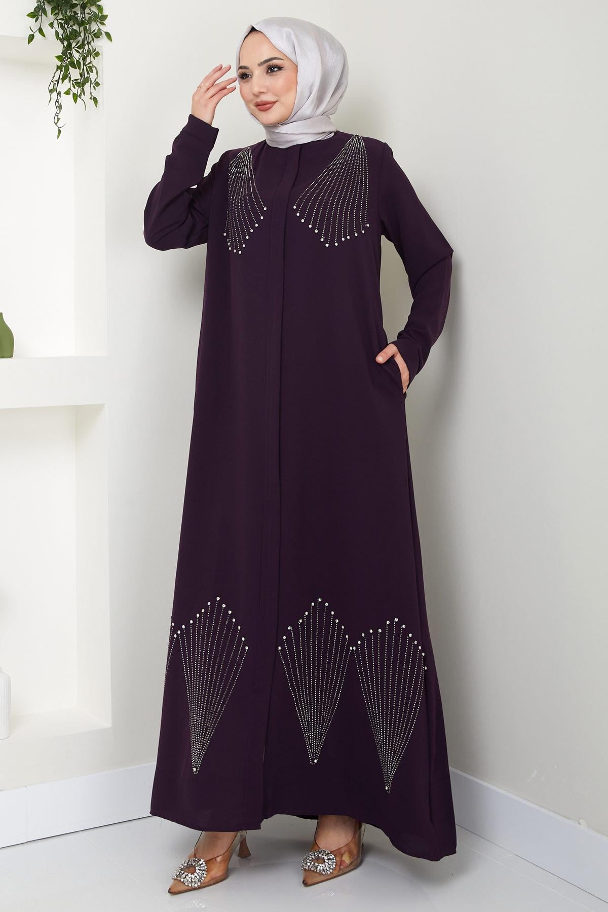 Kristal Taş İşlemeli Ferace Mürdüm HM2423