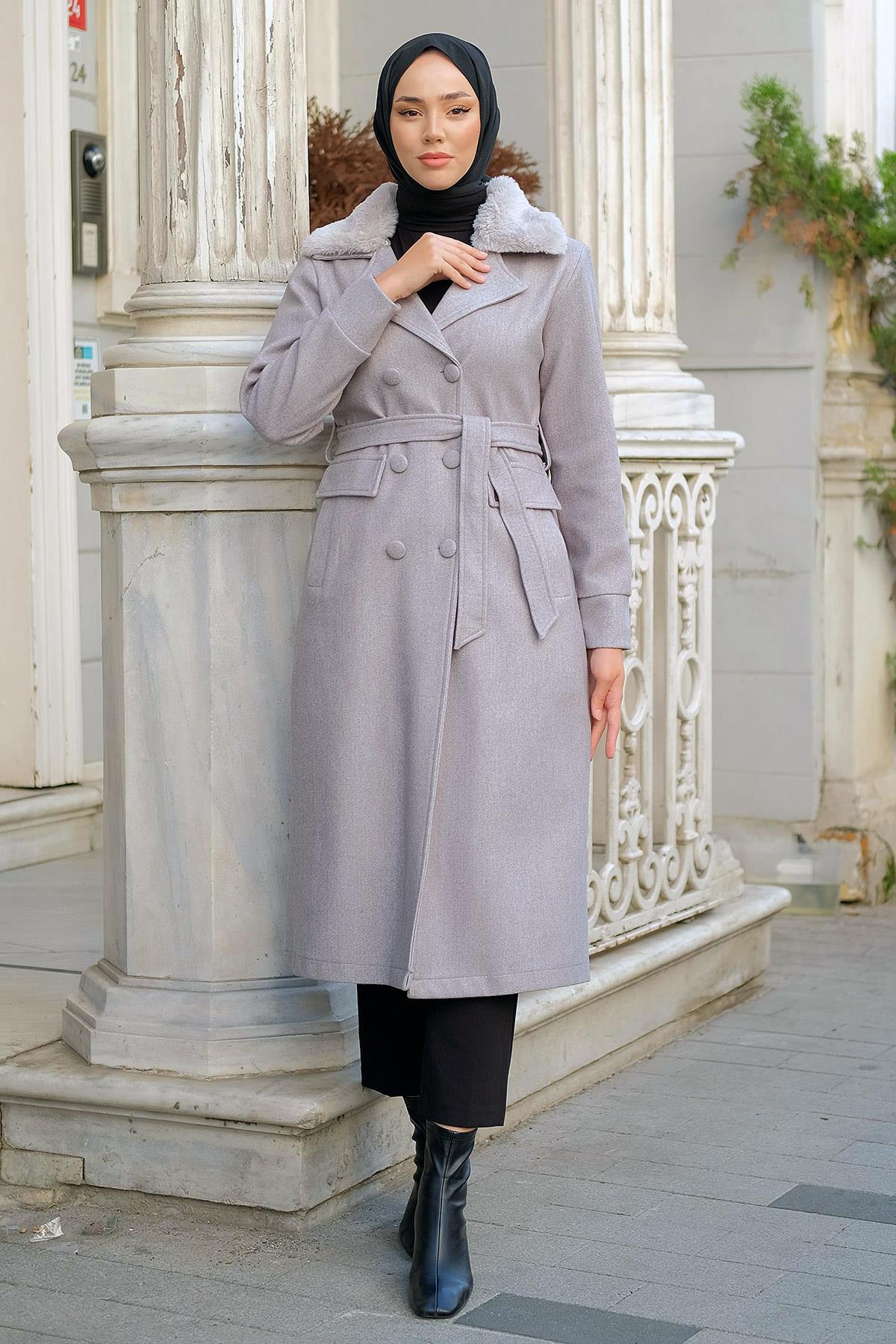 Kruvaze Yaka Kaşe Kaban Gri HM2299