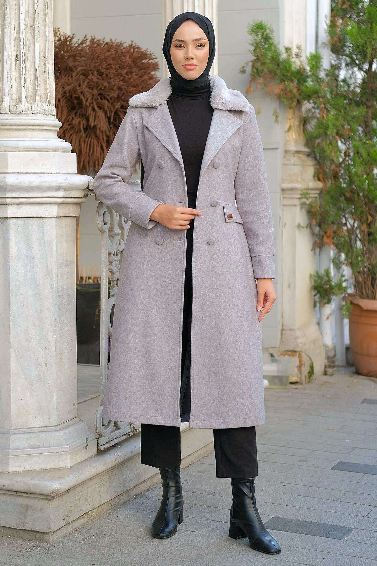 Kruvaze Yaka Kaşe Kaban Gri HM2299