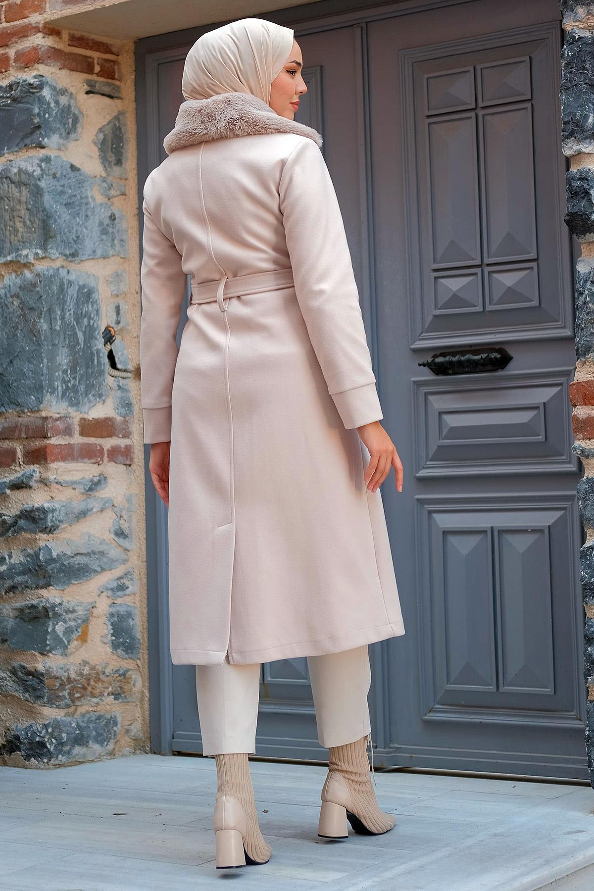 Kruvaze Yaka Kaşe Kaban Krem HM2299