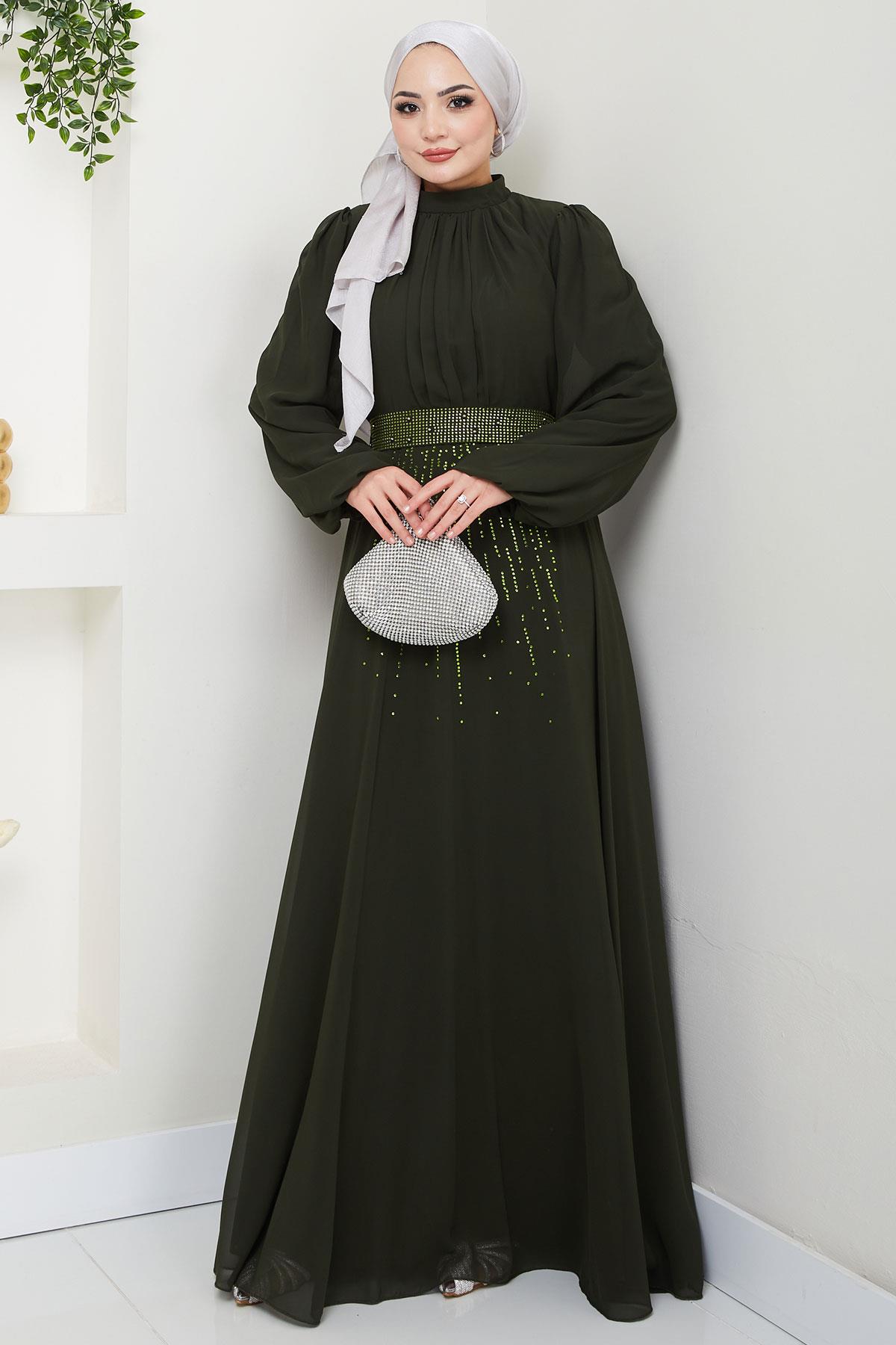 Kuşağı Taşlı Şifon Abiye Elbise Haki HM2668