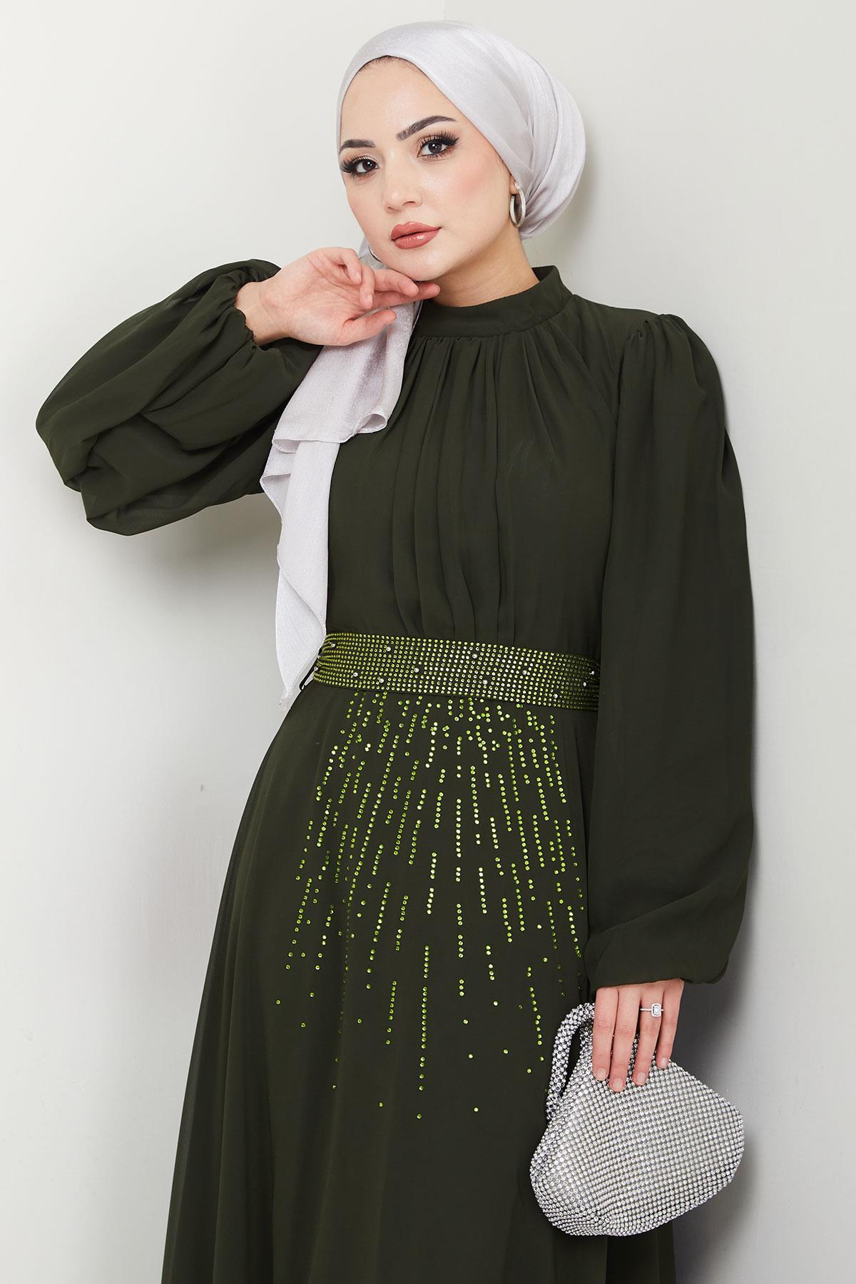 Kuşağı Taşlı Şifon Abiye Elbise Haki HM2668