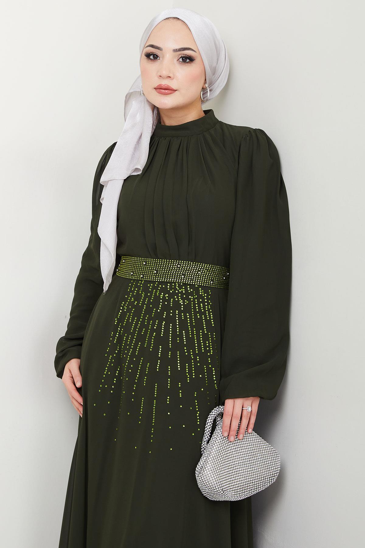 Kuşağı Taşlı Şifon Abiye Elbise Haki HM2668
