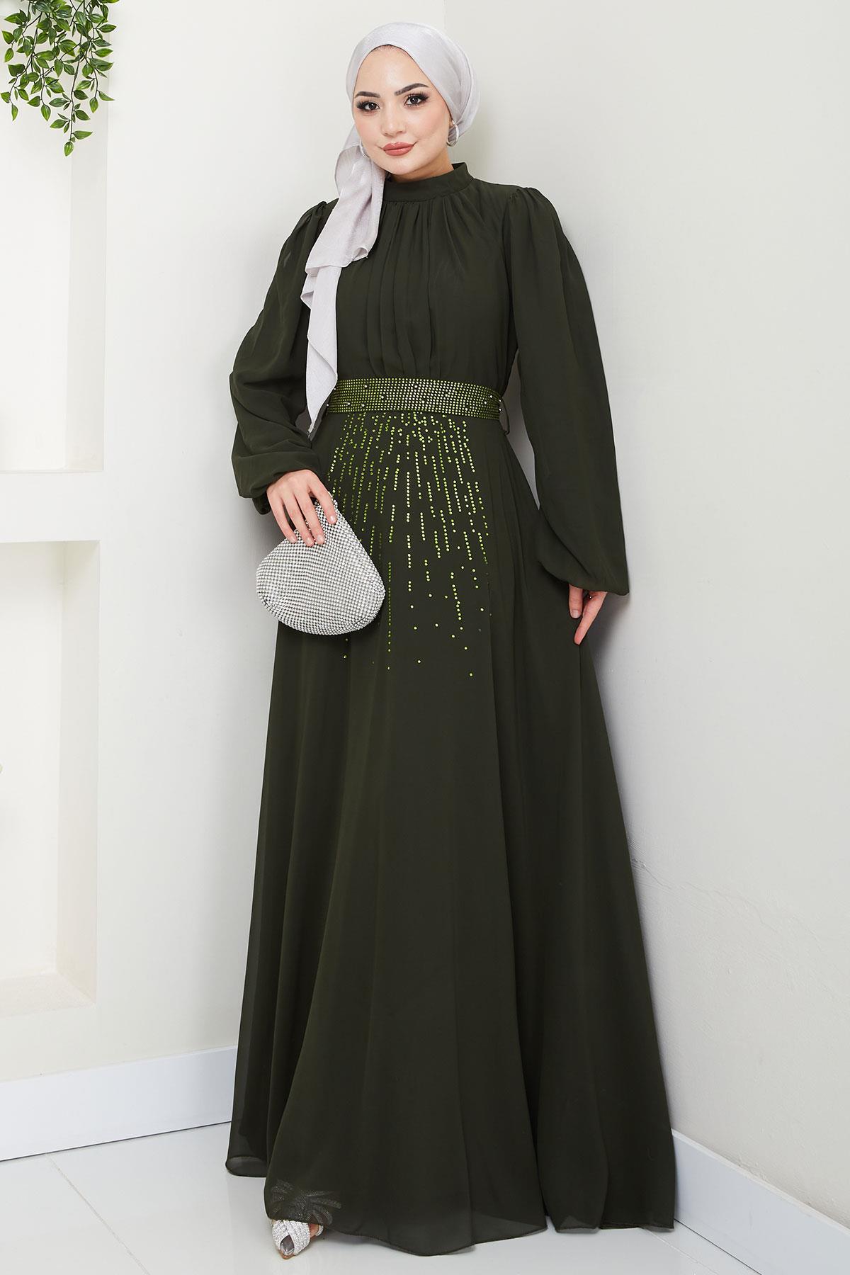 Kuşağı Taşlı Şifon Abiye Elbise Haki HM2668