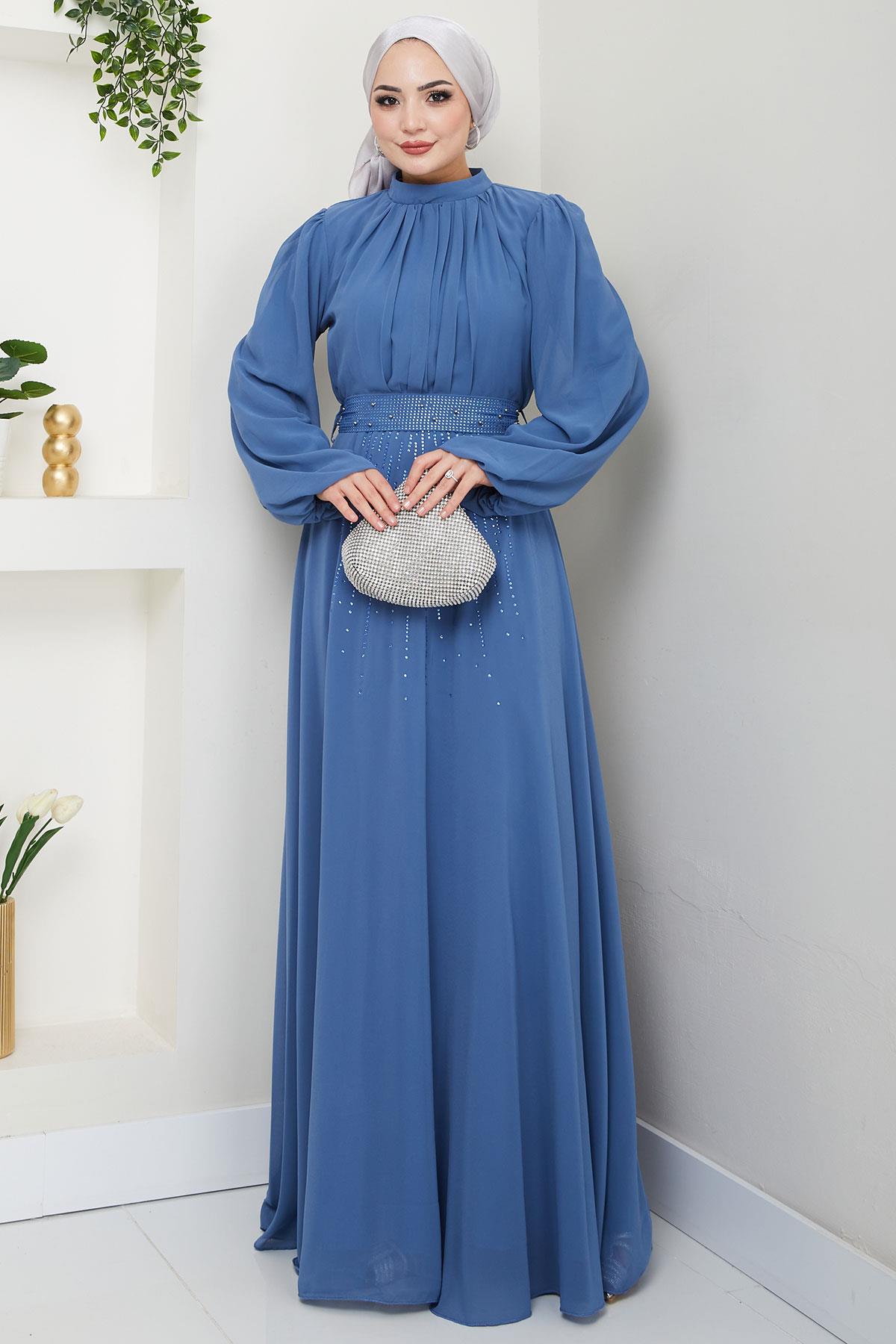 Kuşağı Taşlı Şifon Abiye Elbise Mavi HM2668