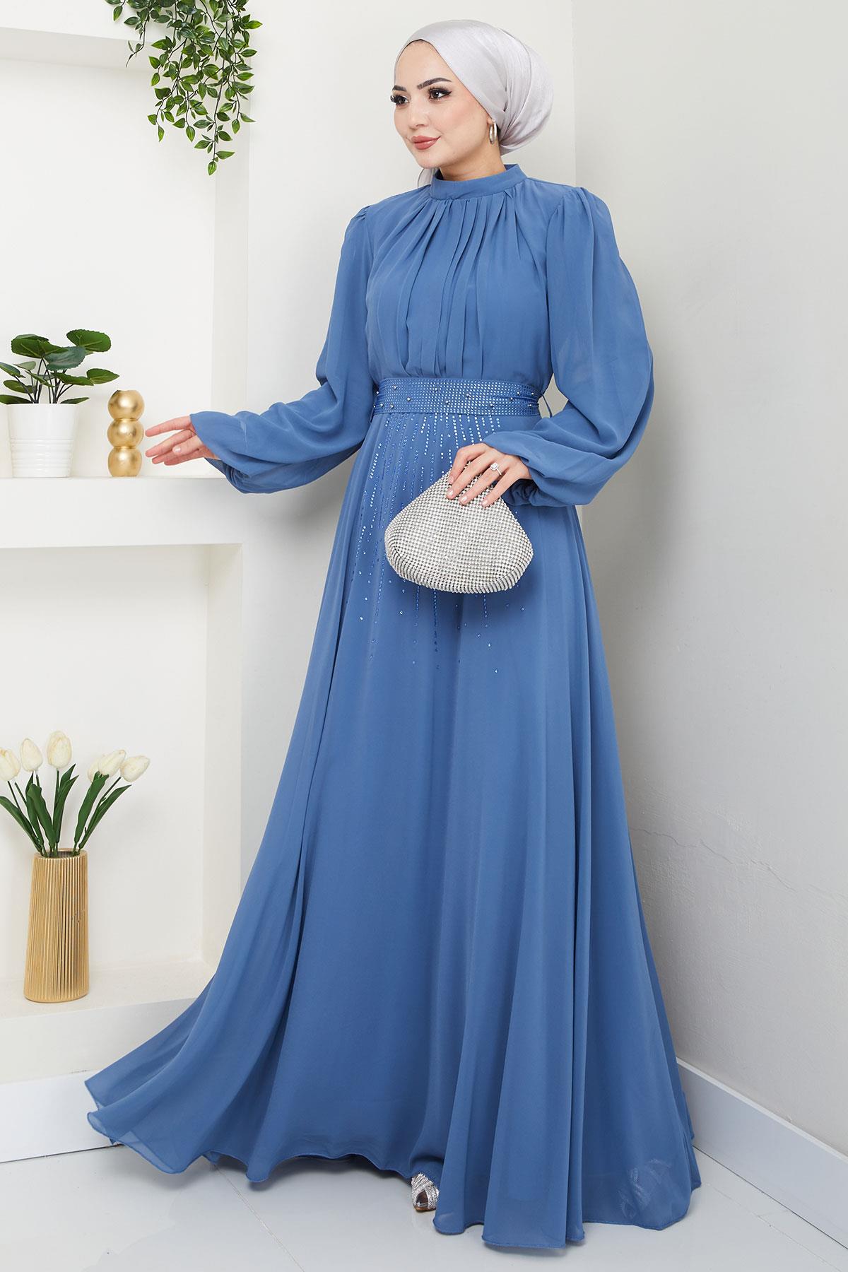 Kuşağı Taşlı Şifon Abiye Elbise Mavi HM2668