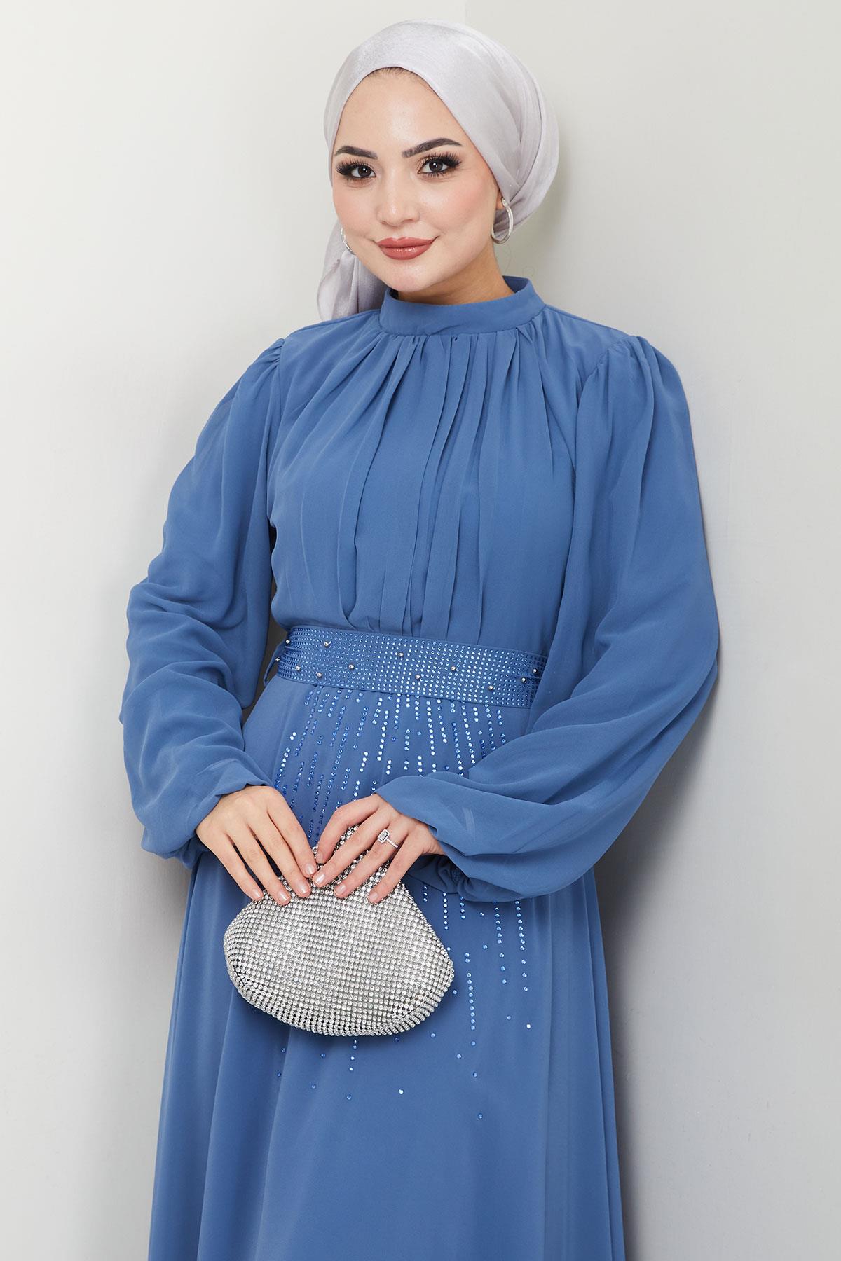 Kuşağı Taşlı Şifon Abiye Elbise Mavi HM2668