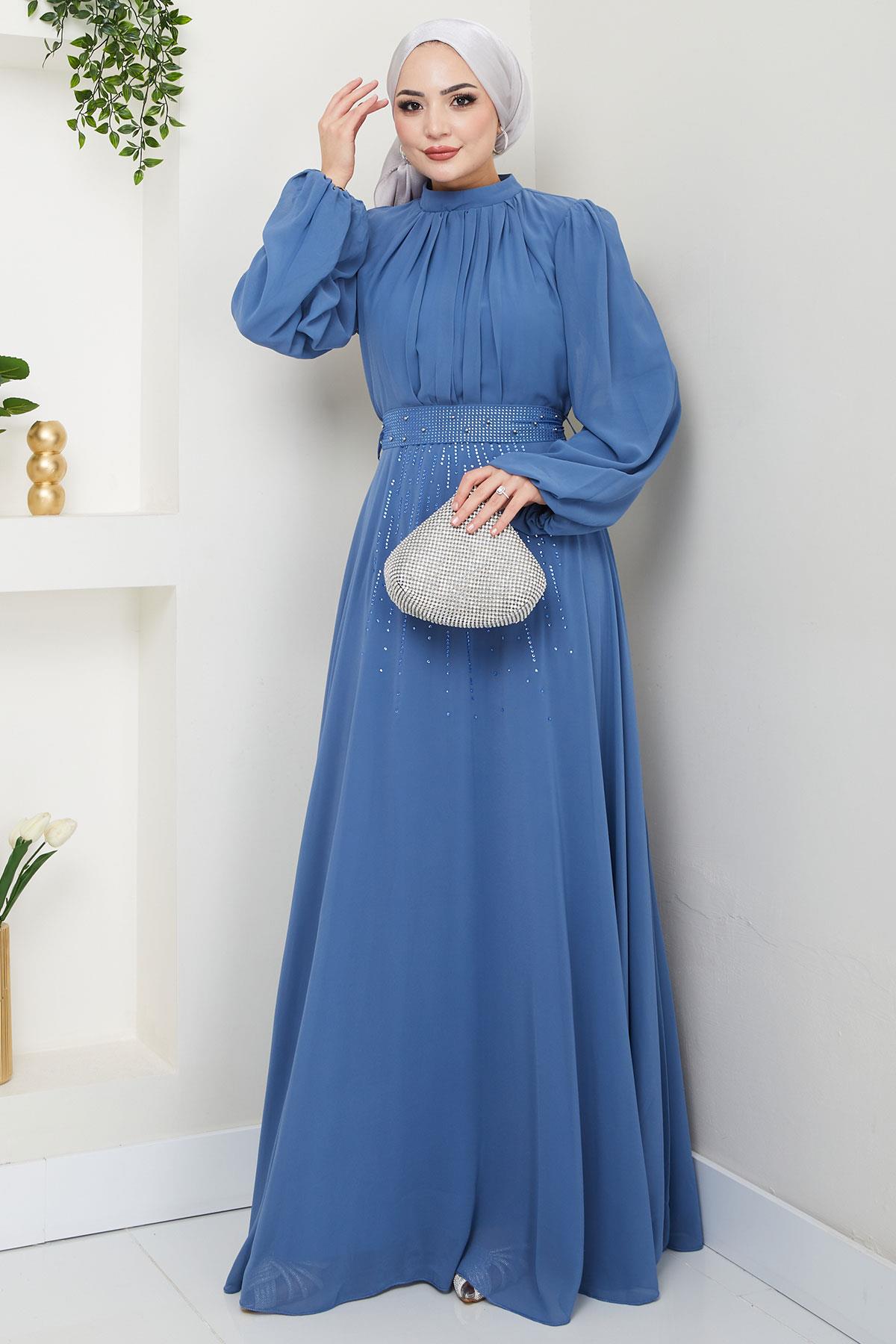Kuşağı Taşlı Şifon Abiye Elbise Mavi HM2668