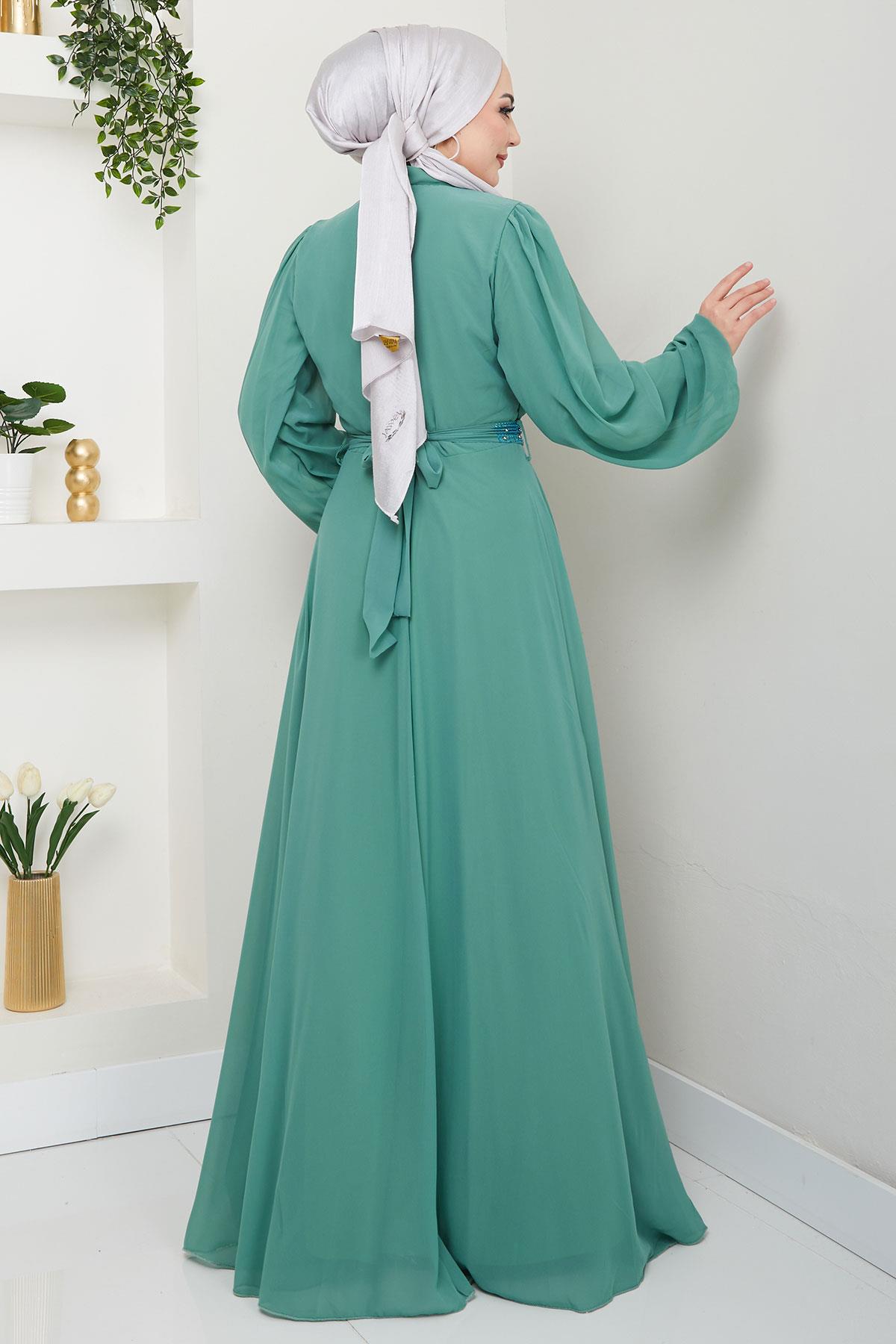 Kuşağı Taşlı Şifon Abiye Elbise Mint HM2668