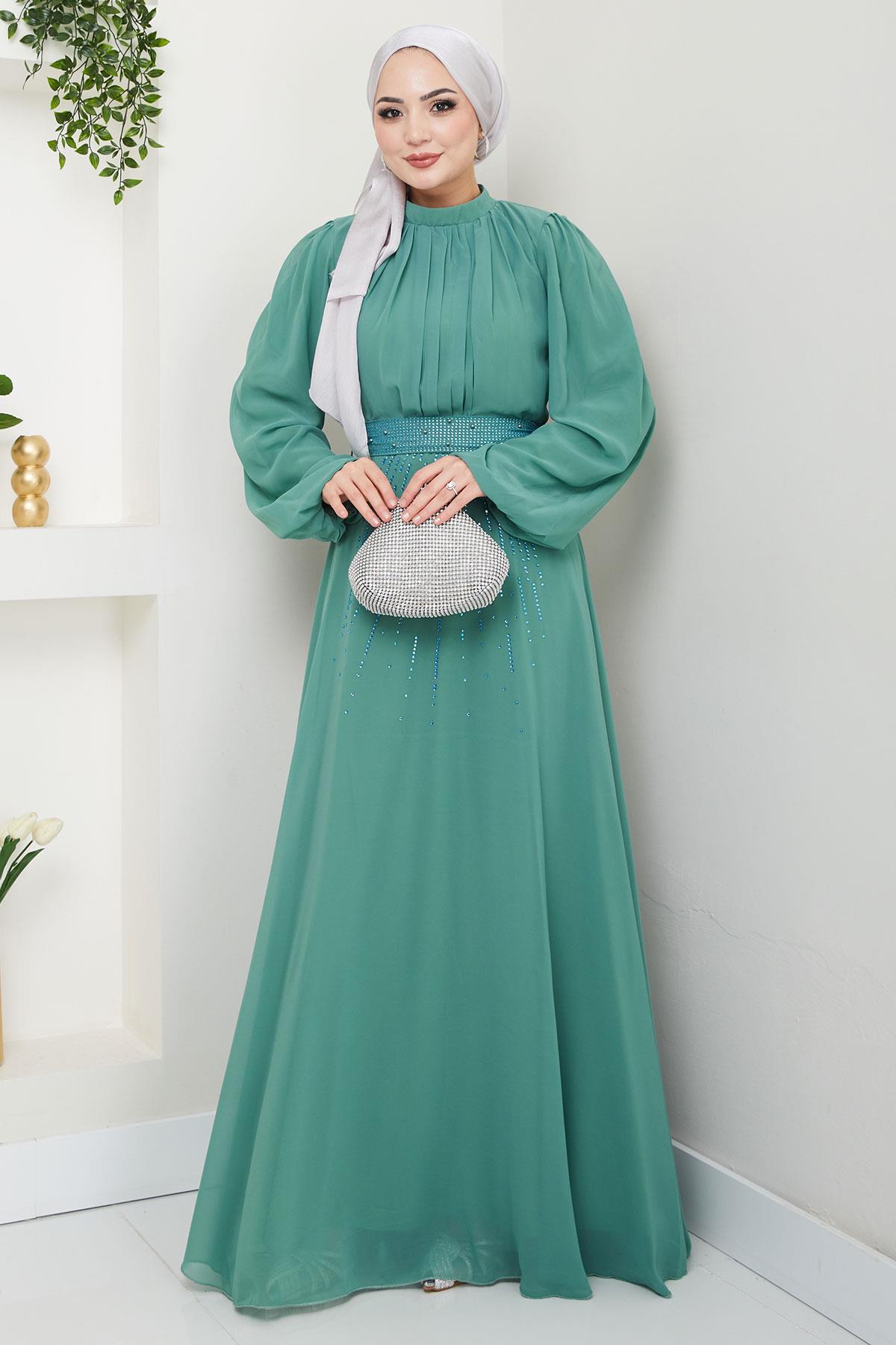 Kuşağı Taşlı Şifon Abiye Elbise Mint HM2668