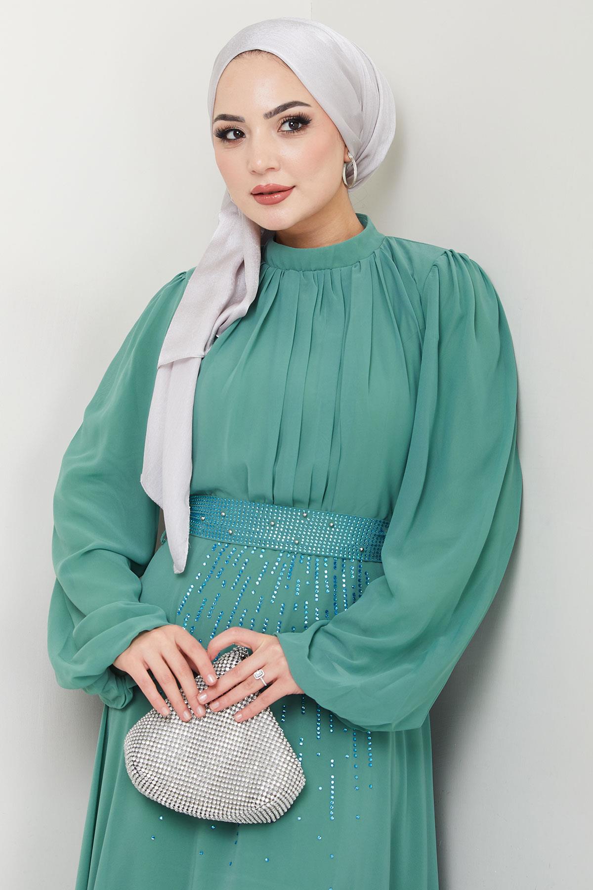 Kuşağı Taşlı Şifon Abiye Elbise Mint HM2668