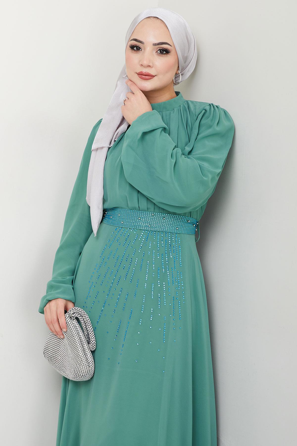 Kuşağı Taşlı Şifon Abiye Elbise Mint HM2668