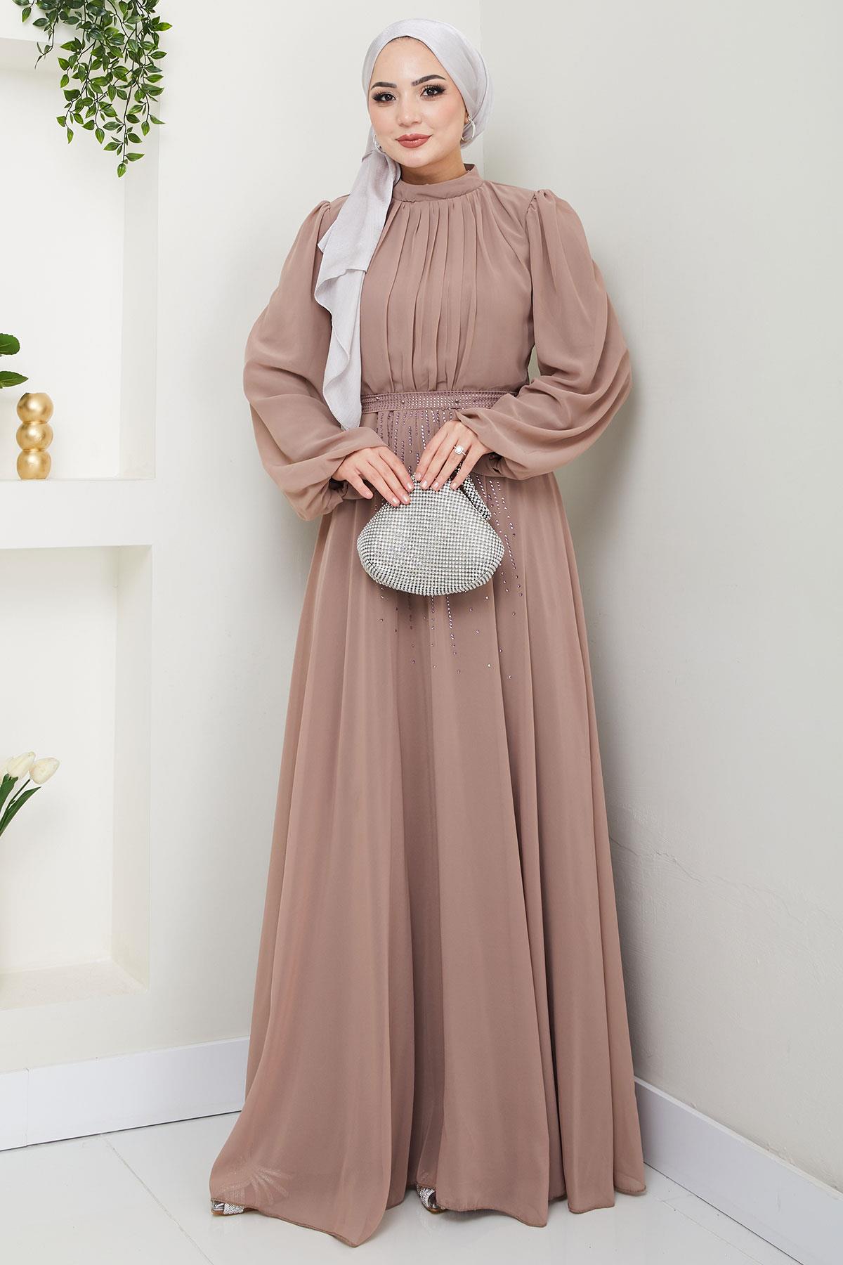 Kuşağı Taşlı Şifon Abiye Elbise Vizon HM2668