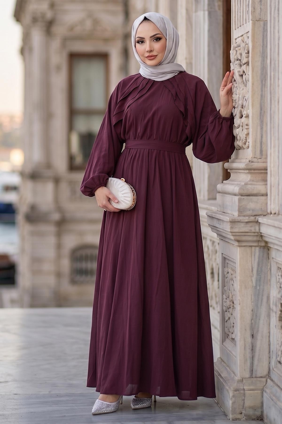 Kuşaklı Beli Lastikli Modal Elbise Bordo HM2916