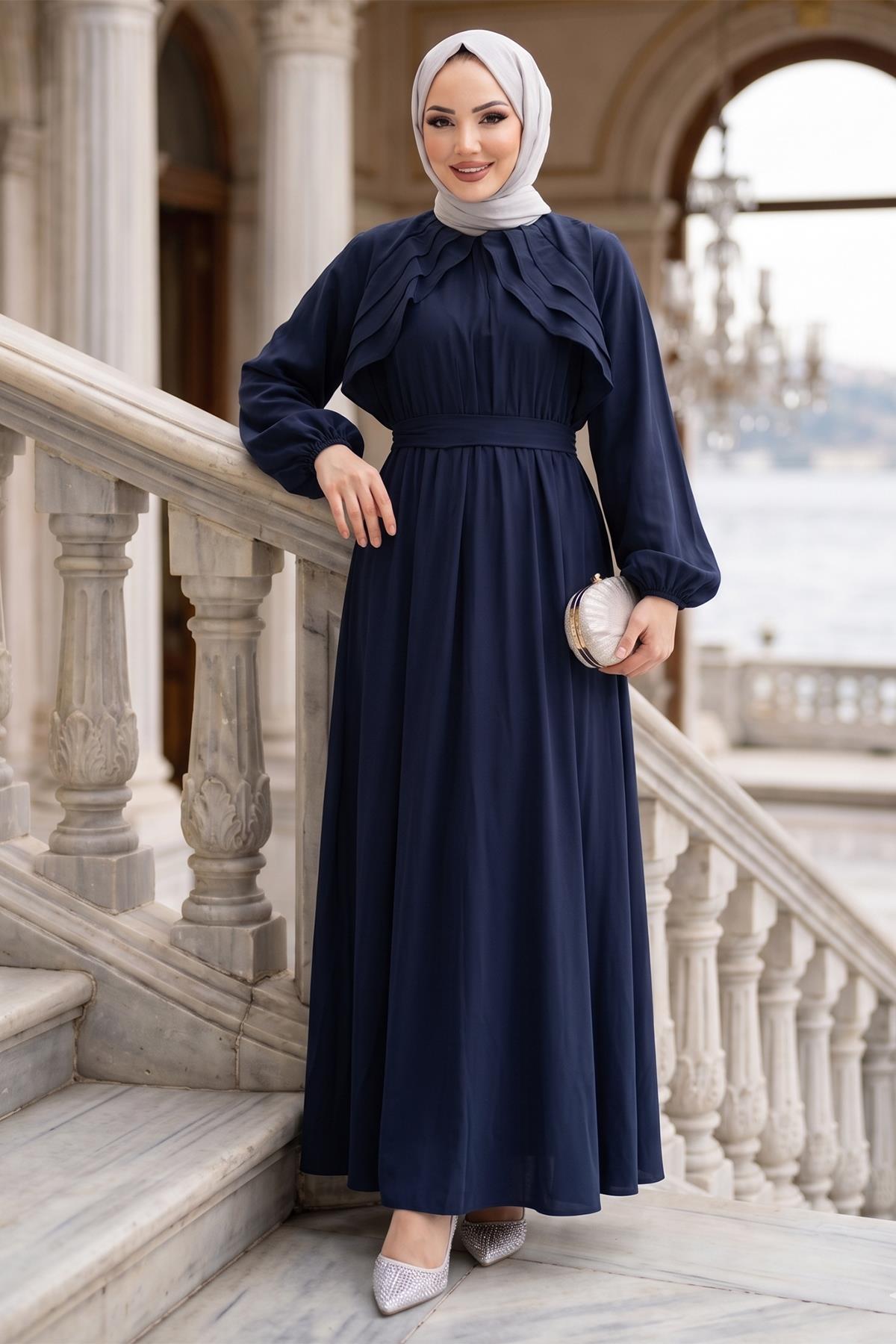Kuşaklı Beli Lastikli Modal Elbise Lacivert HM2916