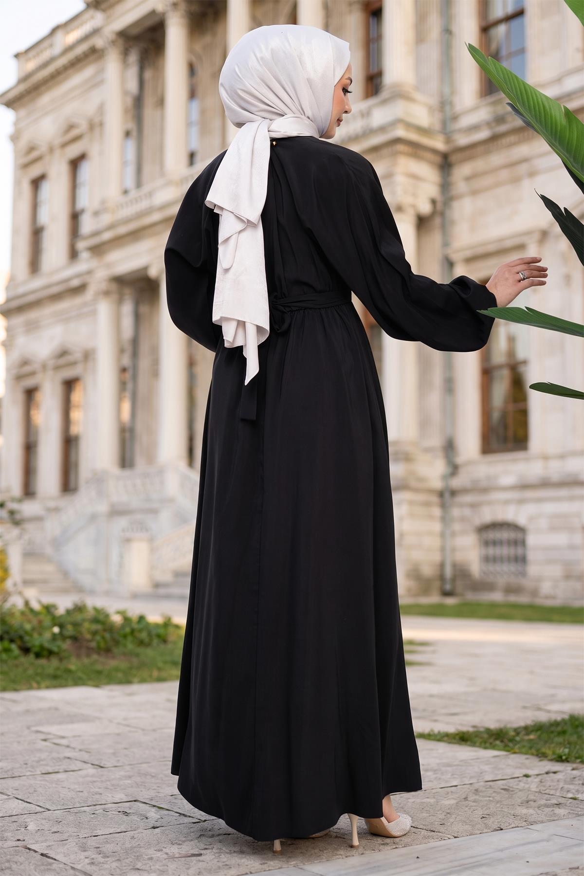 Kuşaklı Beli Lastikli Modal Elbise Siyah HM2916