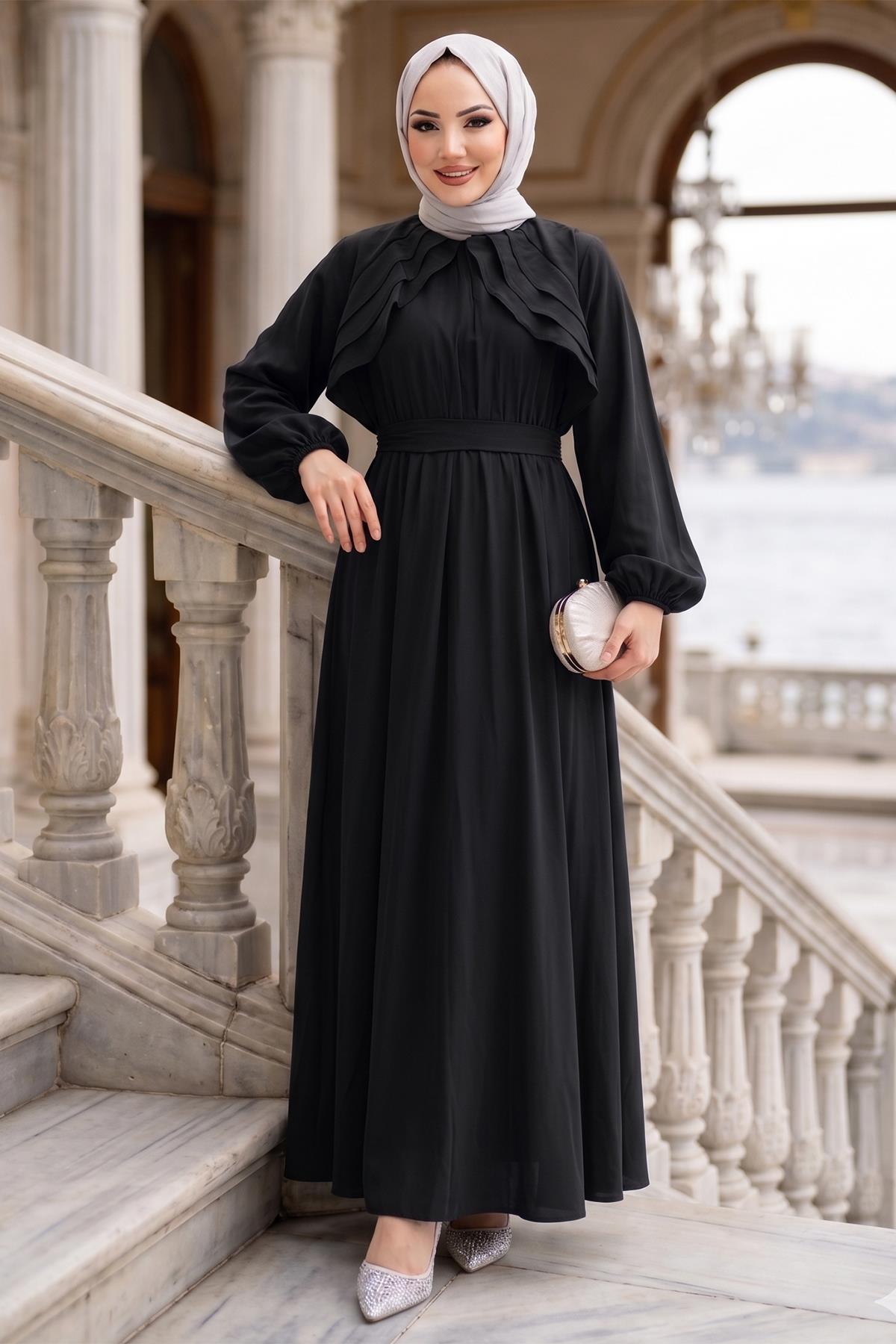 Kuşaklı Beli Lastikli Modal Elbise Siyah HM2916