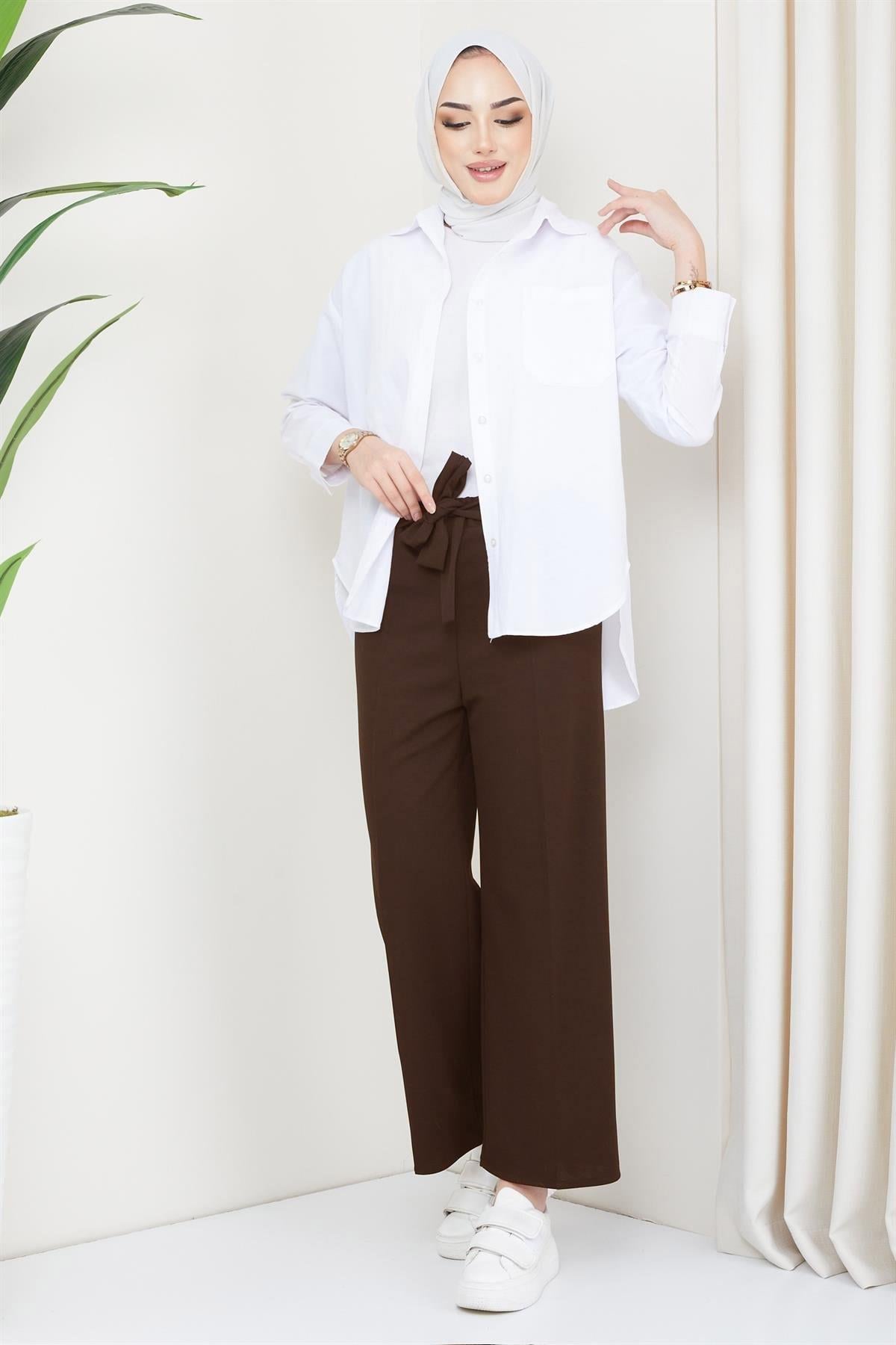 Kuşaklı Bol Paça Kumaş Pantolon Kahverengi HM2088