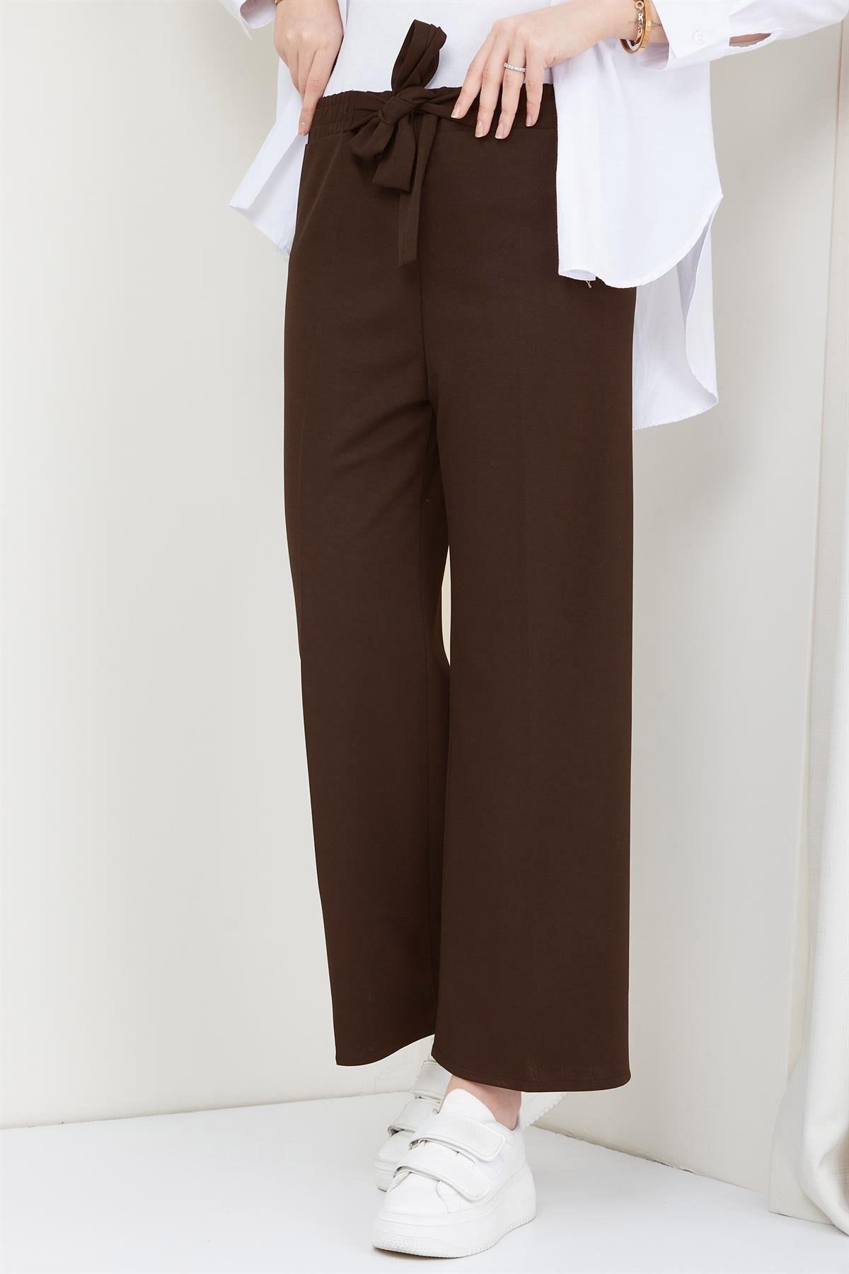 Kuşaklı Bol Paça Kumaş Pantolon Kahverengi HM2088