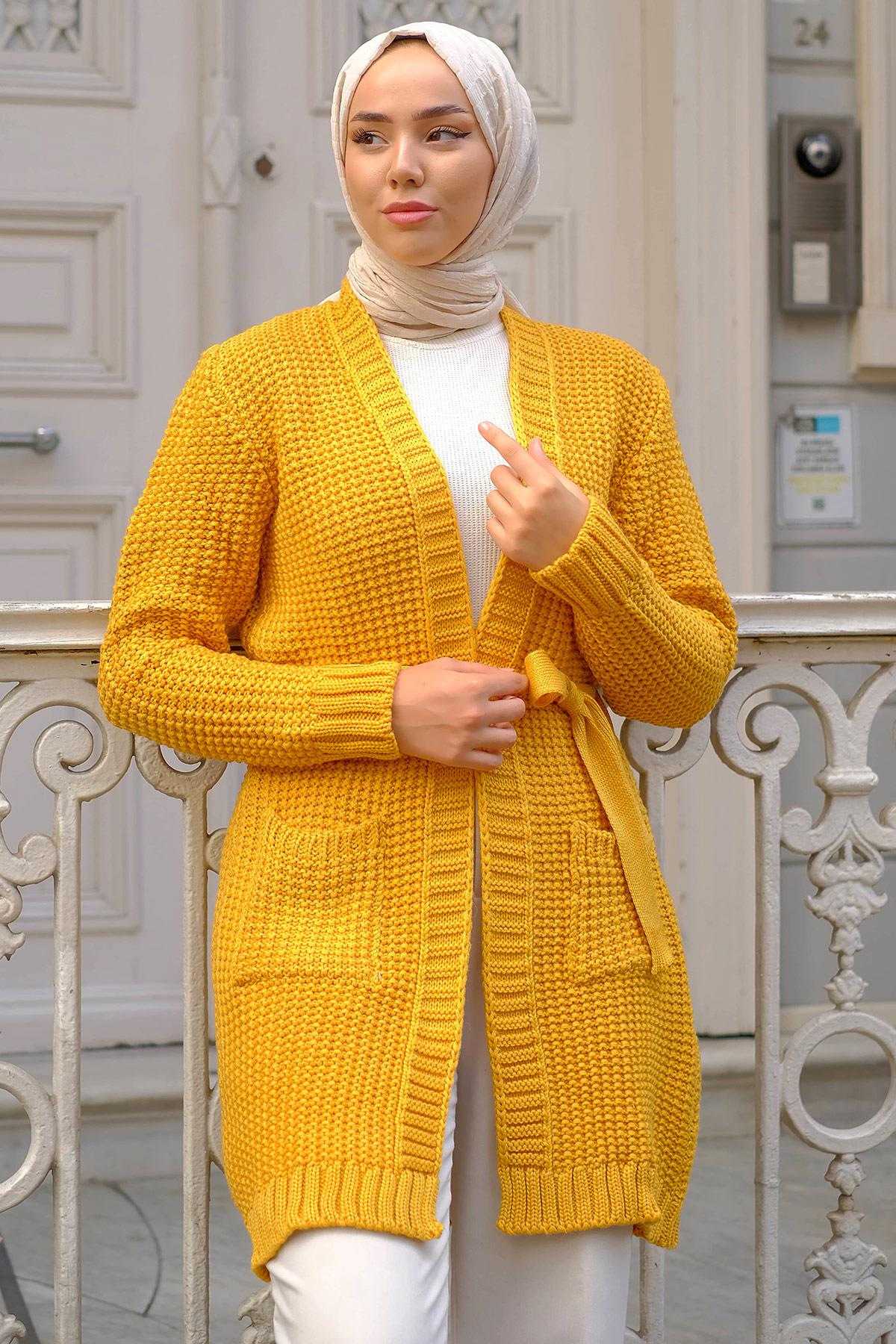 Kuşaklı Cepli Triko Hırka Hardal HM2244