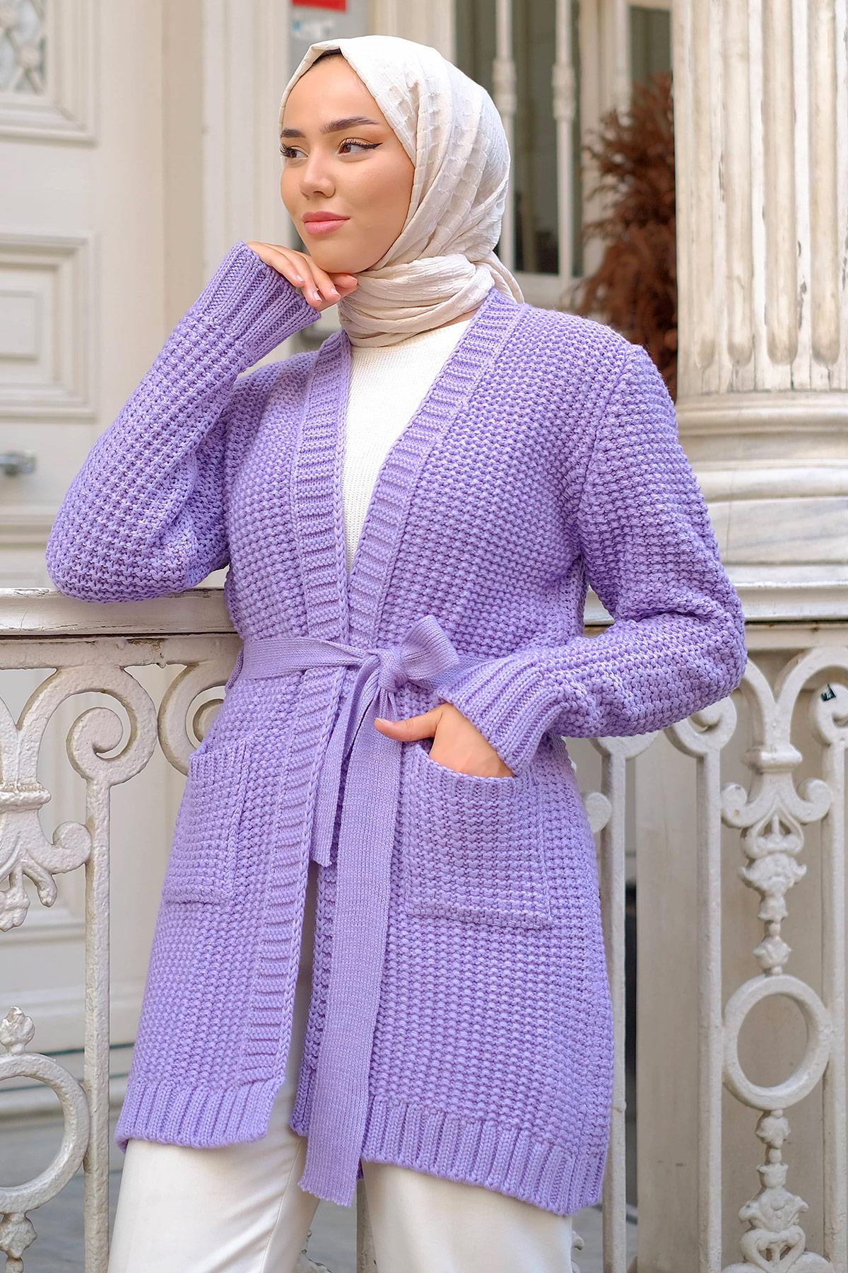 Kuşaklı Cepli Triko Hırka Lila HM2244