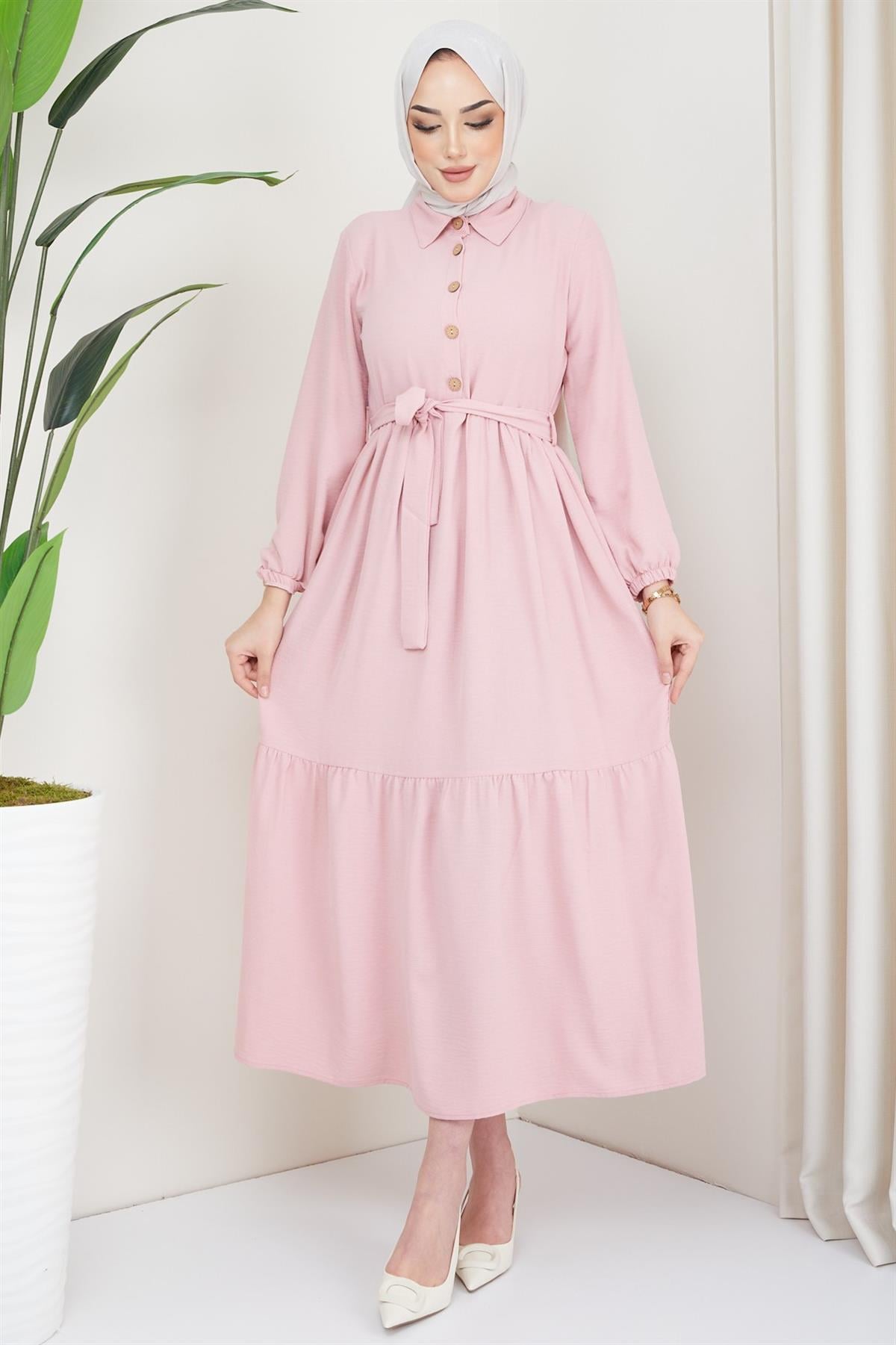 Kuşaklı Düğmeli Ayrobin Tesettür Elbise Pembe
